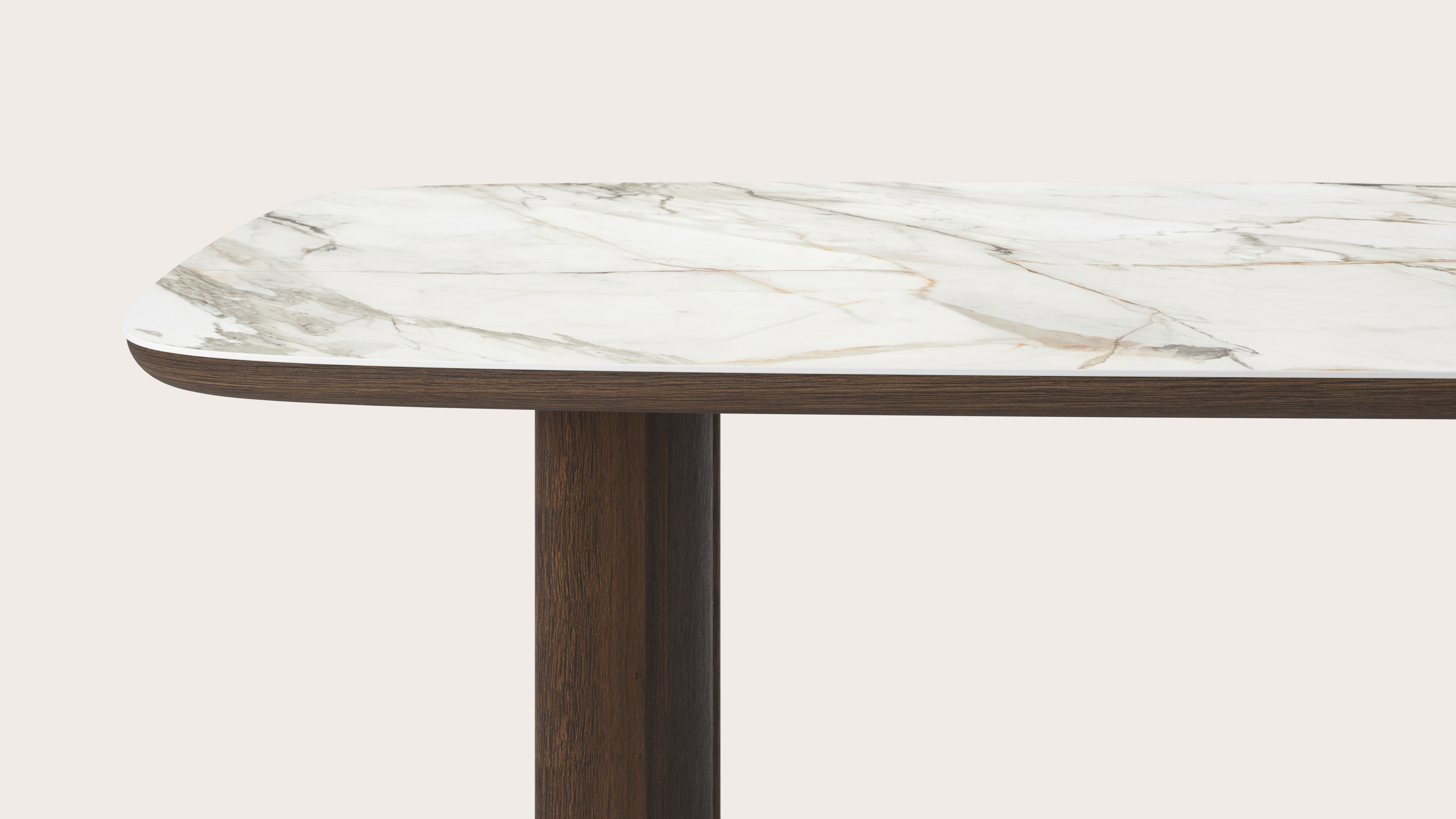 Table de salle à manger Amato Ellipso armature en chêne fumé avec plateau Ceramo forme arrondie en céramique en couleur Calacatta Luxe 300 x 115 x 76 cm