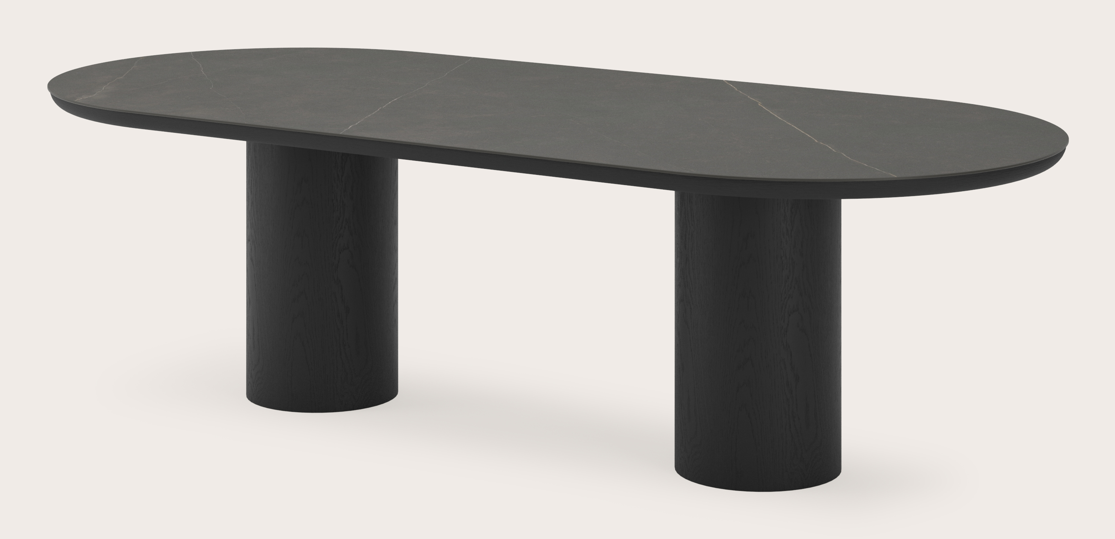 Eettafel Amato Rondo onderstel in zwarte eik met plat ovaal volkeramisch Ceramo blad in kleur Calatorao 260 x 115 x 76 cm