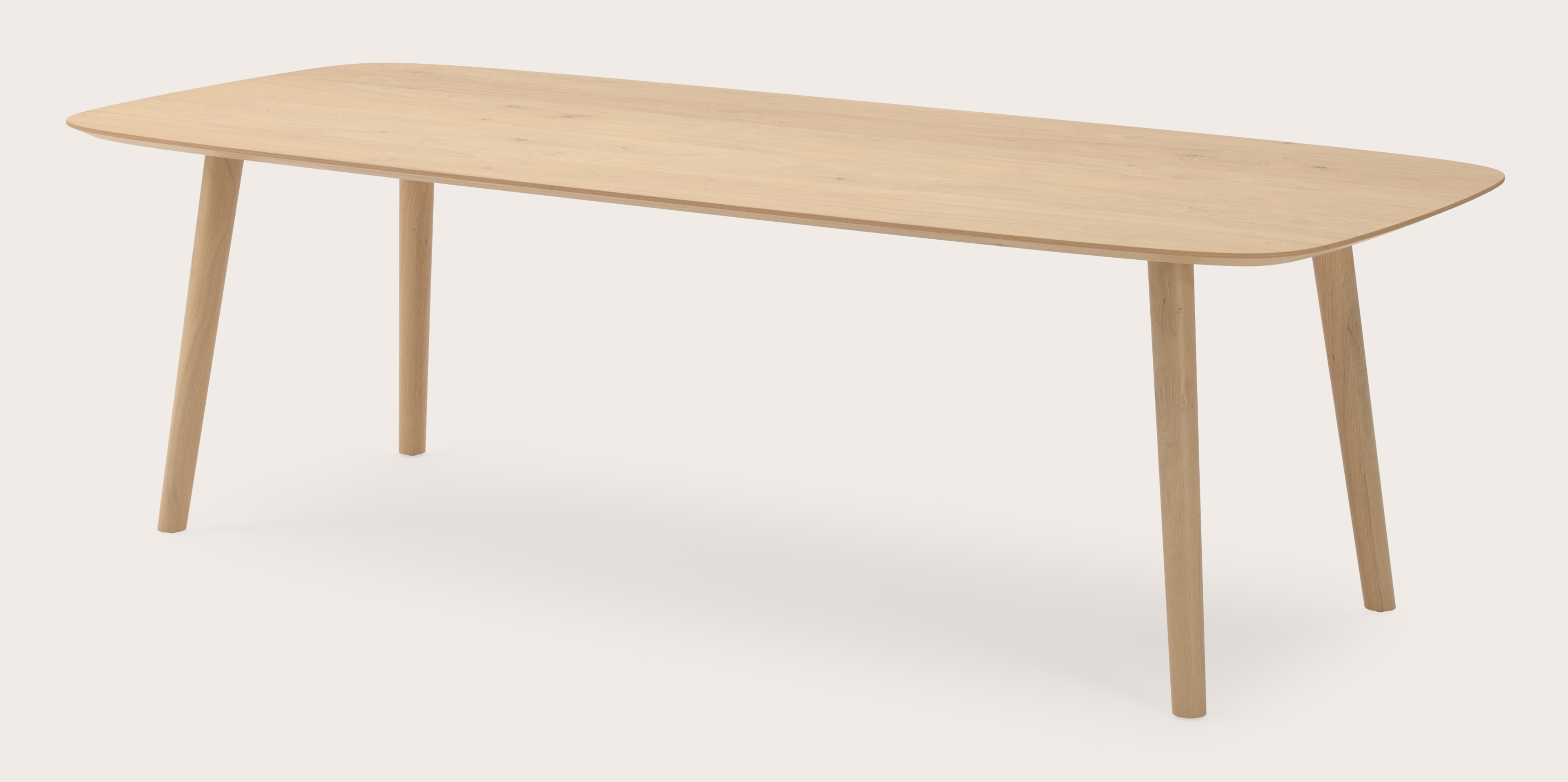 Eettafel Conico onderstel in natuurkleurige eik met bootvormig Finesso blad in natuurkleurige eik 260 x 110 x 77 cm