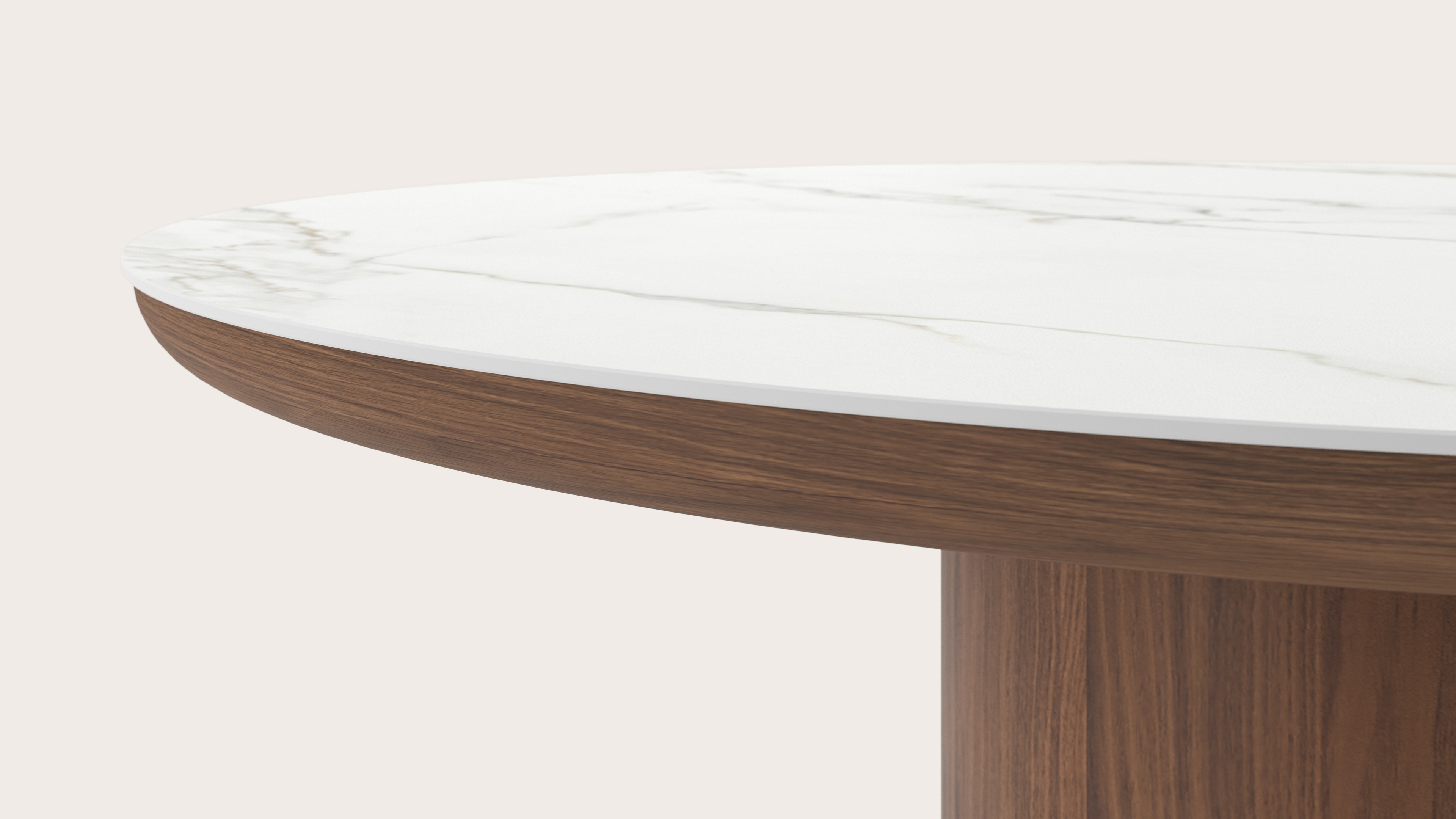 Eettafel Amato Rondo onderstel in walnoot met rond volkeramisch Ceramo blad in kleur Calacatta Ø130 x 76 cm