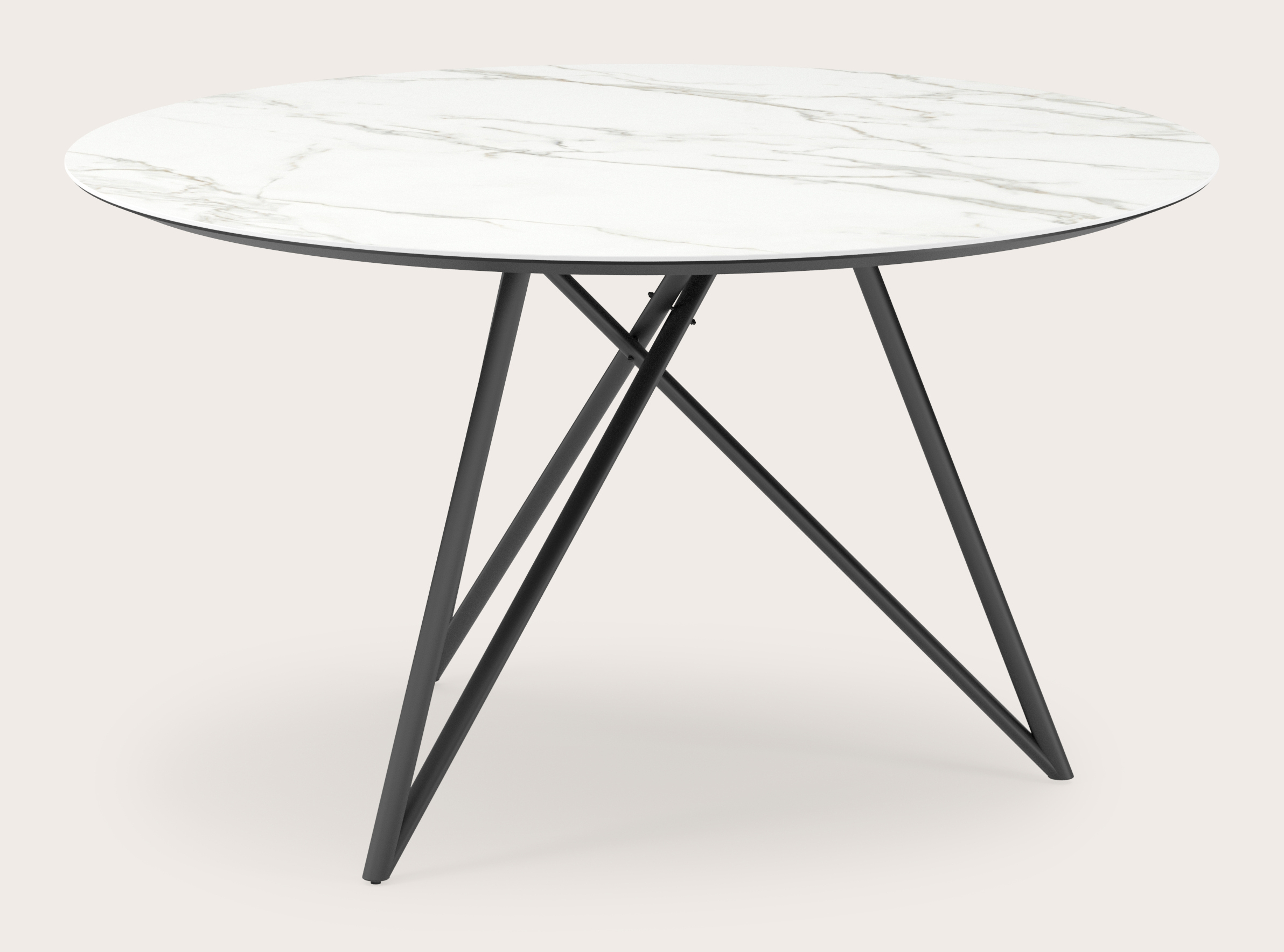 Eettafel Ragno onderstel in zwart metaal met rond volkeramisch Ceramo blad in kleur Calacatta Ø140 x 77 cm