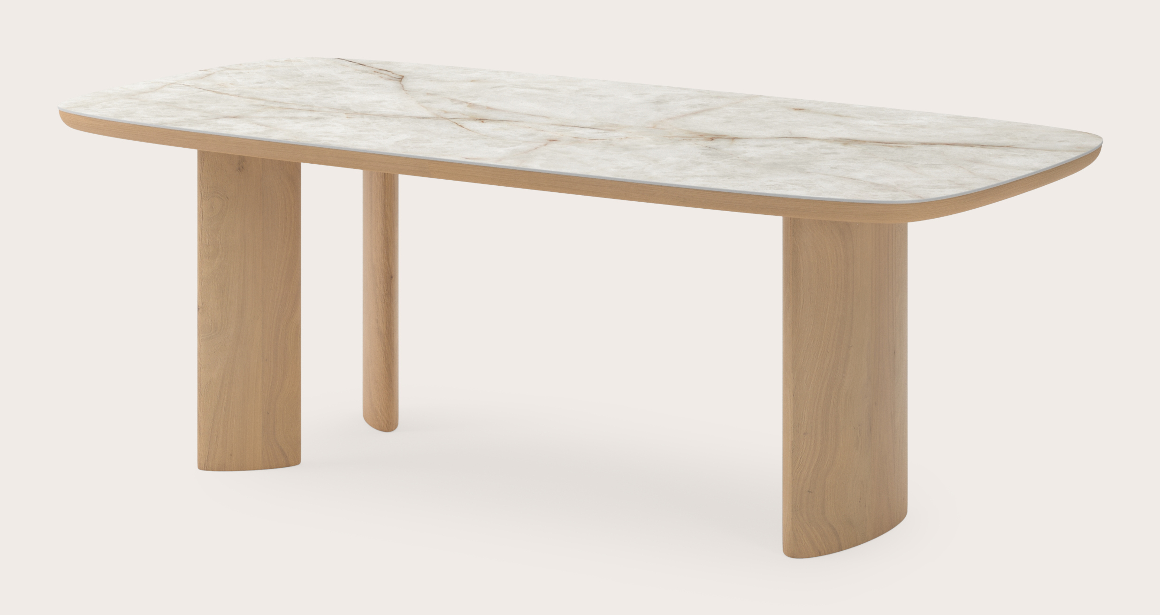 Eettafel Amato Ellipso onderstel in natuurkleurige eik met bootvormig volkeramisch Ceramo blad in kleur Himalaya 220 x 105 x 76 cm