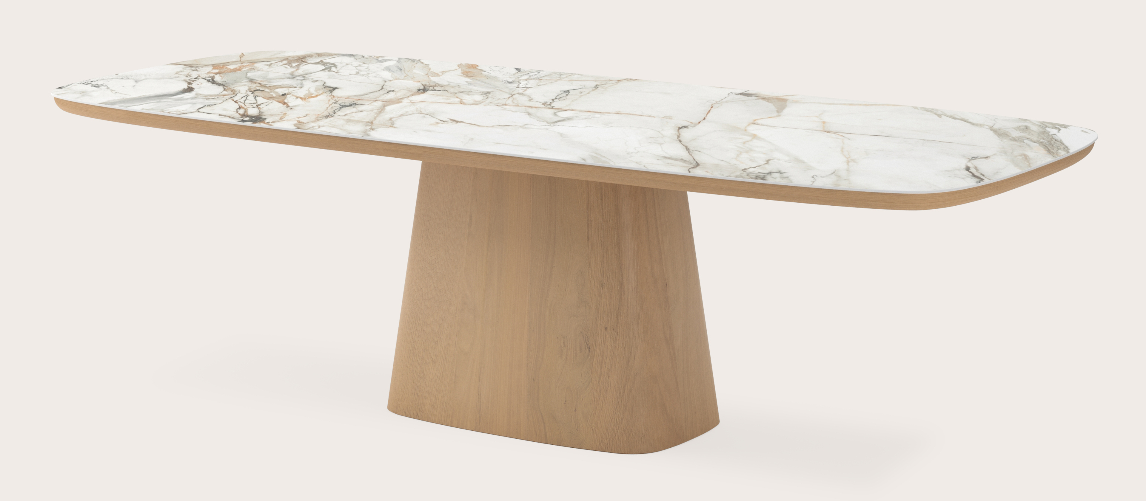 Eettafel Amato Cuadro onderstel in chêne couleur naturelle avec plateau Ceramo forme arrondie en céramique en couleur Calacatta Luxe 260 x 110 x 77 cm