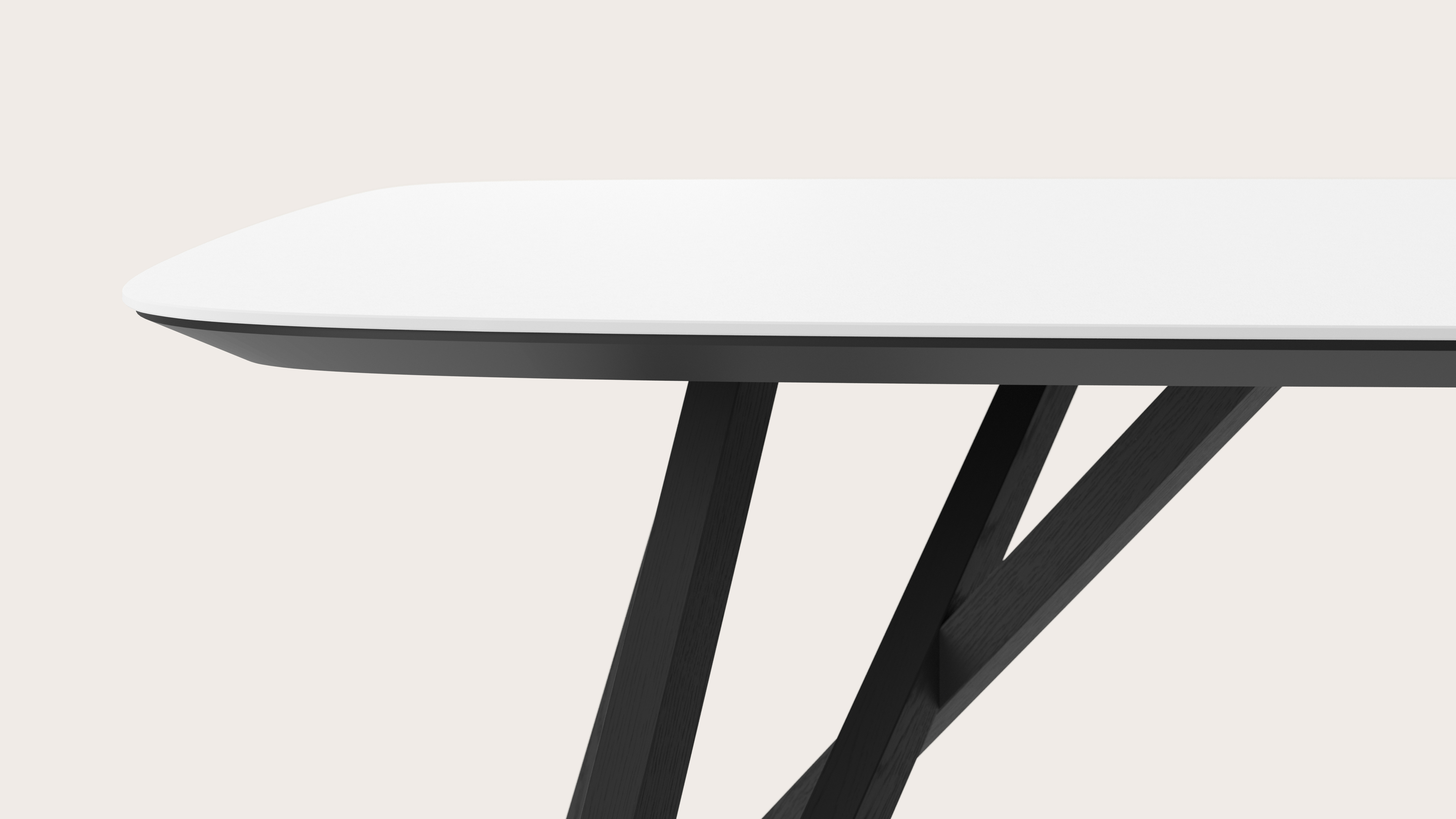 Eettafel Ragno onderstel in zwarte eik met bootvormig volkeramisch Ceramo blad in kleur Arctic White 180 x 100 x 77 cm