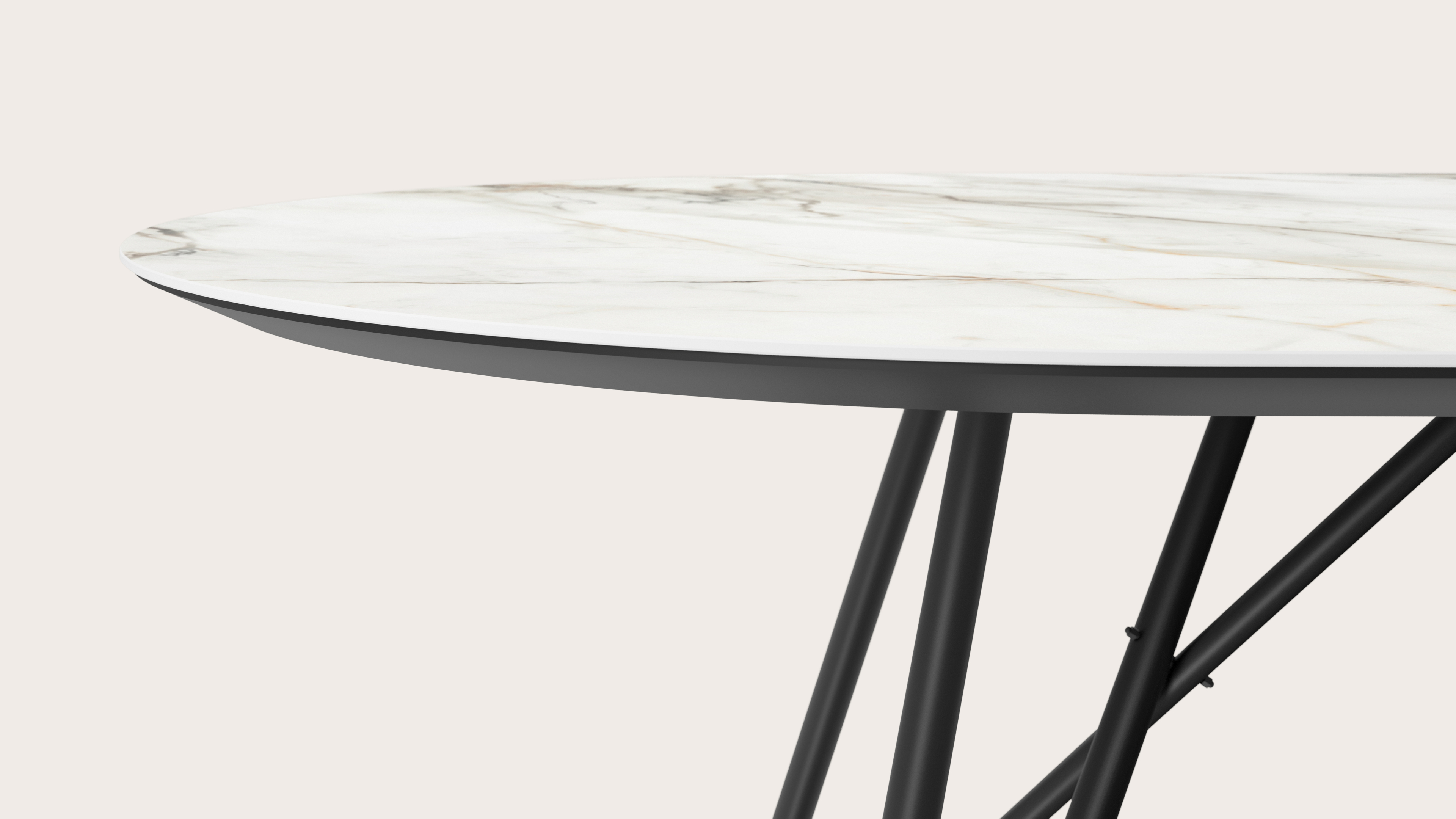 Eettafel Ragno onderstel in zwart metaal met plat ovaal volkeramisch Ceramo blad in kleur Calacatta Luxe 260 x 115 x 77 cm 