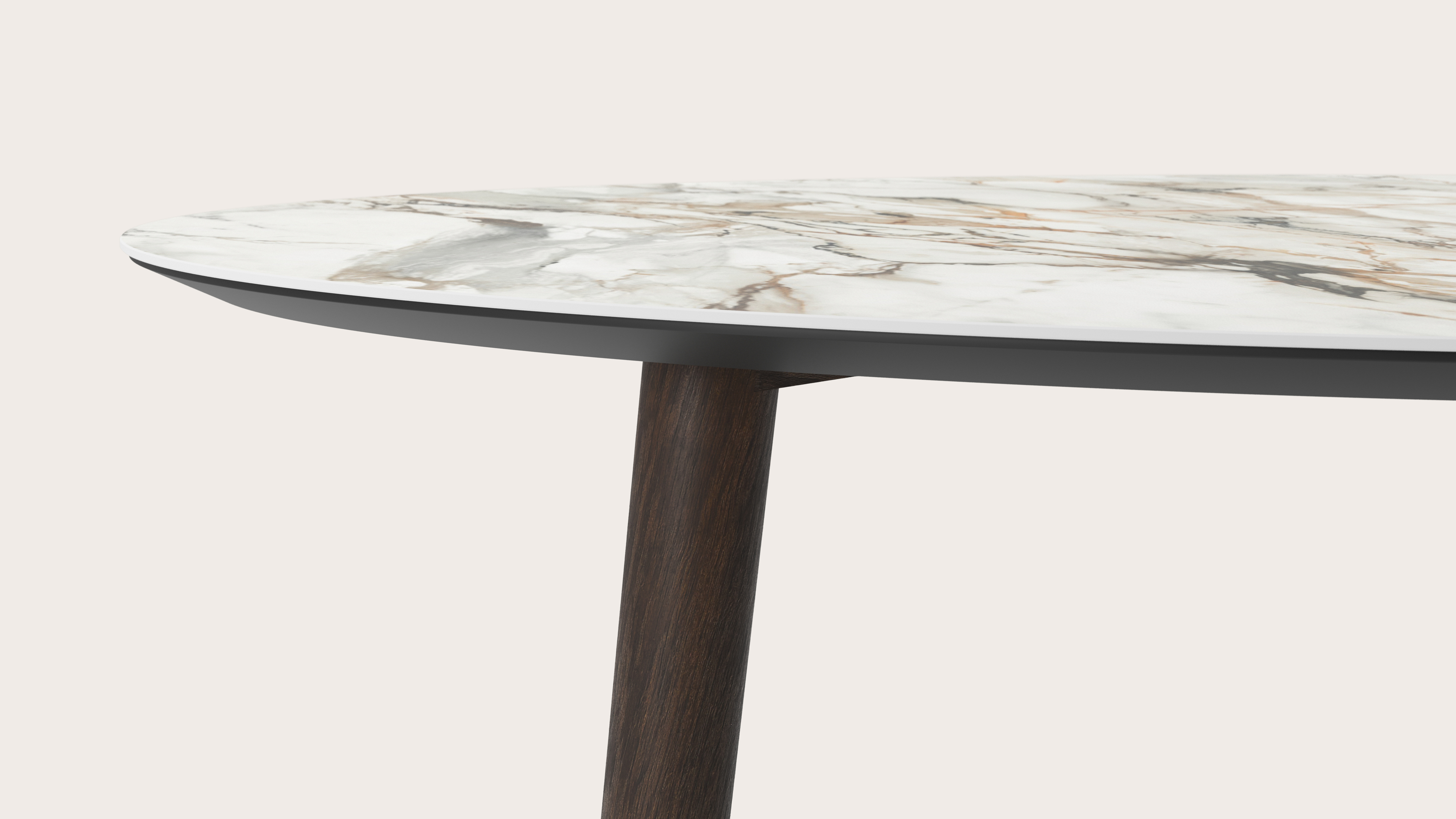 Eettafel Conico onderstel in gerookte eik met ovaal volkeramisch Ceramo blad in kleur Calacatta Luxe 180 x 110 x 77 cm
