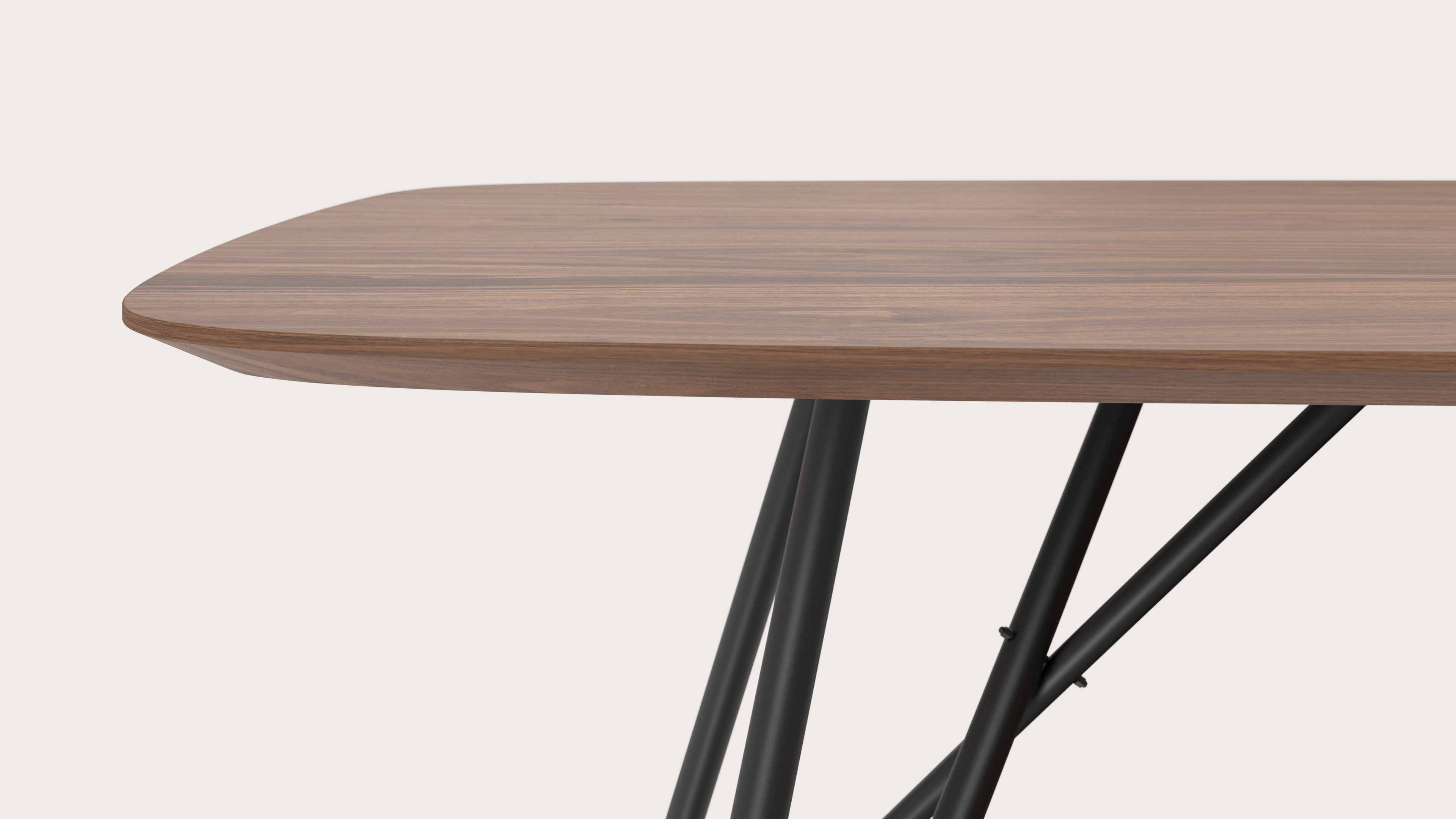 Eettafel Ragno onderstel in zwart metaal met bootvormig Finesso blad in walnoot 260 x 110 x 77 cm