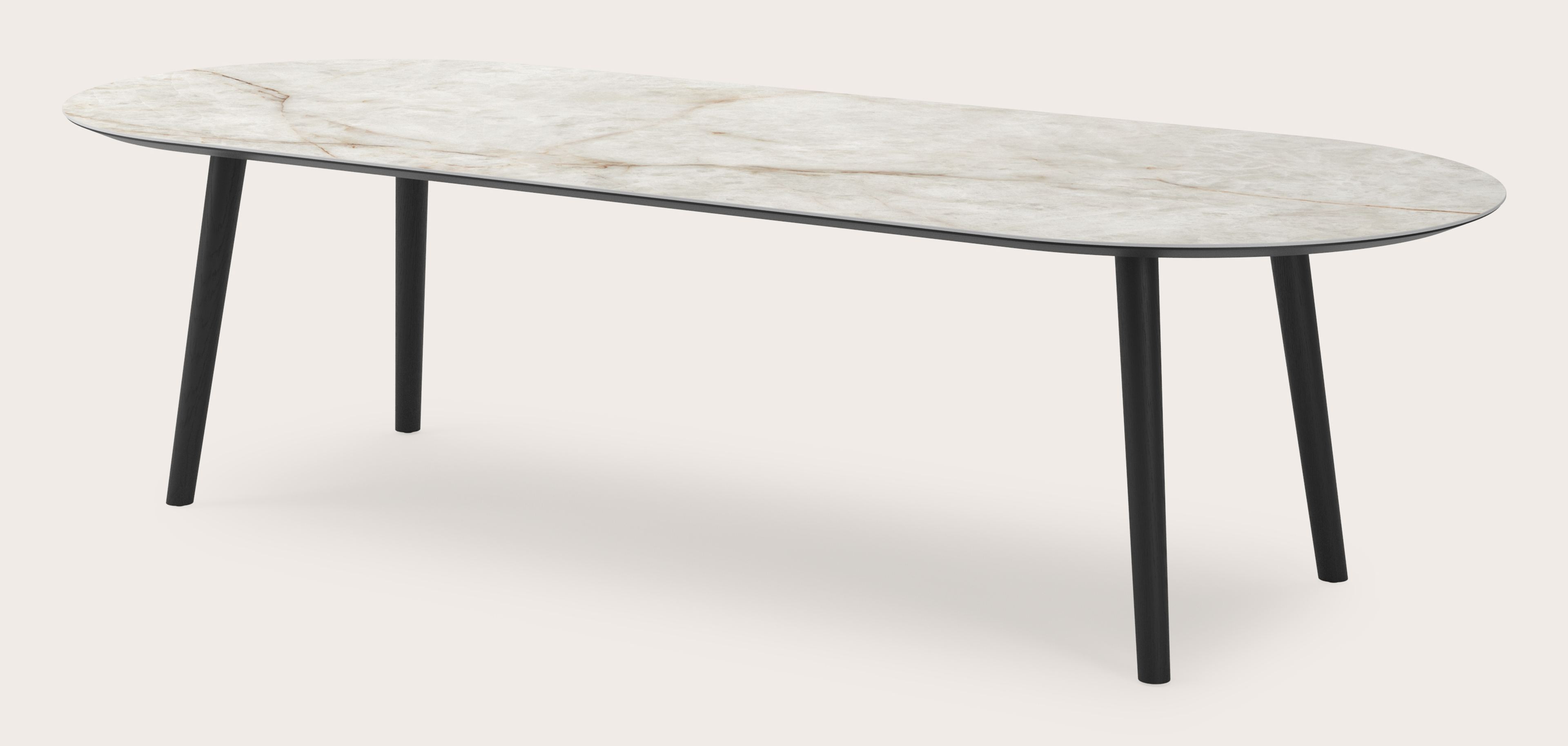 Eettafel Conico onderstel in zwarte eik met plat ovaal volkeramisch Ceramo blad in kleur Himalaya 300 x 120 x 77 cm