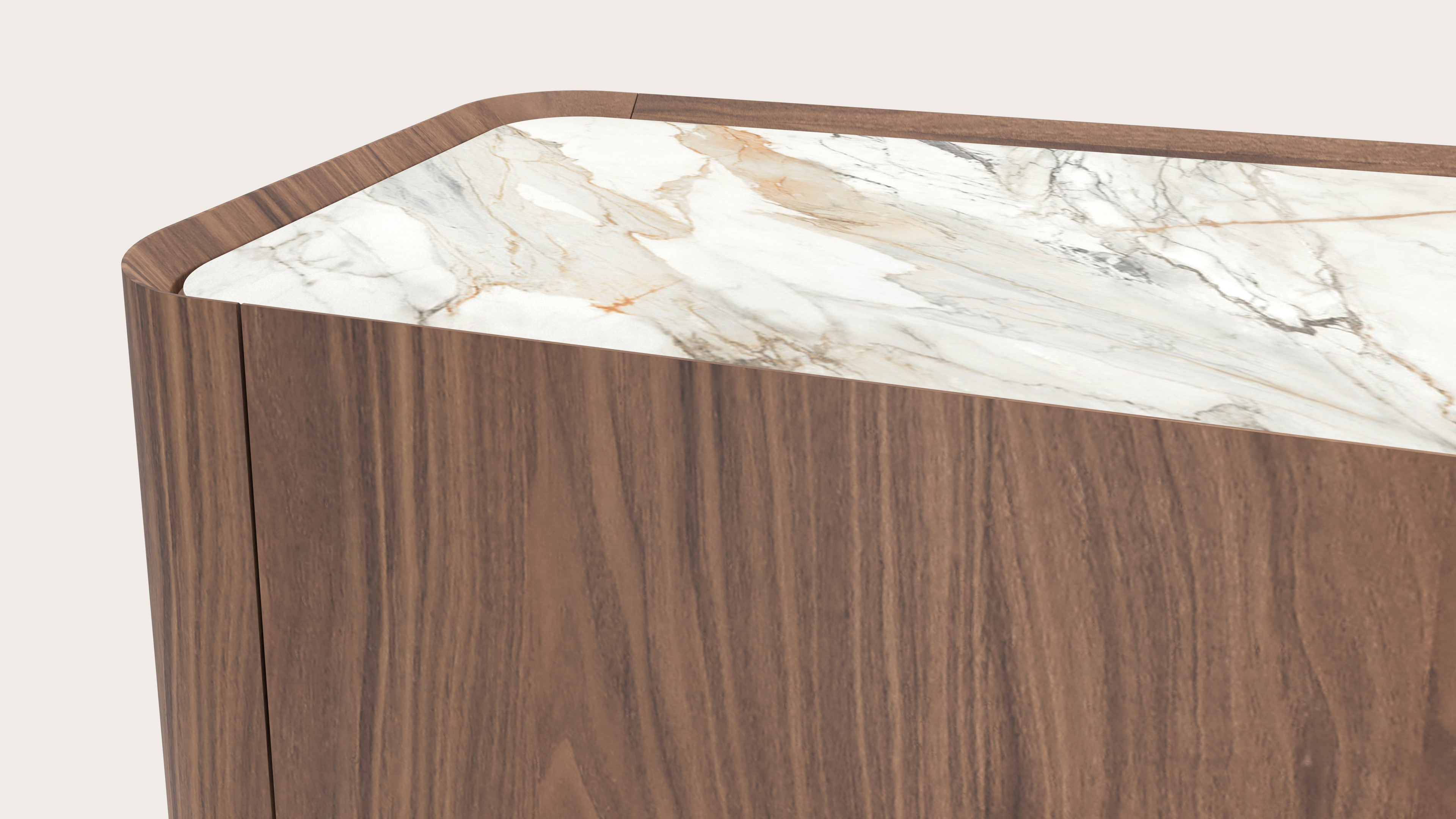Buffet Curvato en noyer avec pieds ronds en bois avec plateau Ceramo en céramique en couleur Calacatta Luxe 169 x 45 x 76 cm