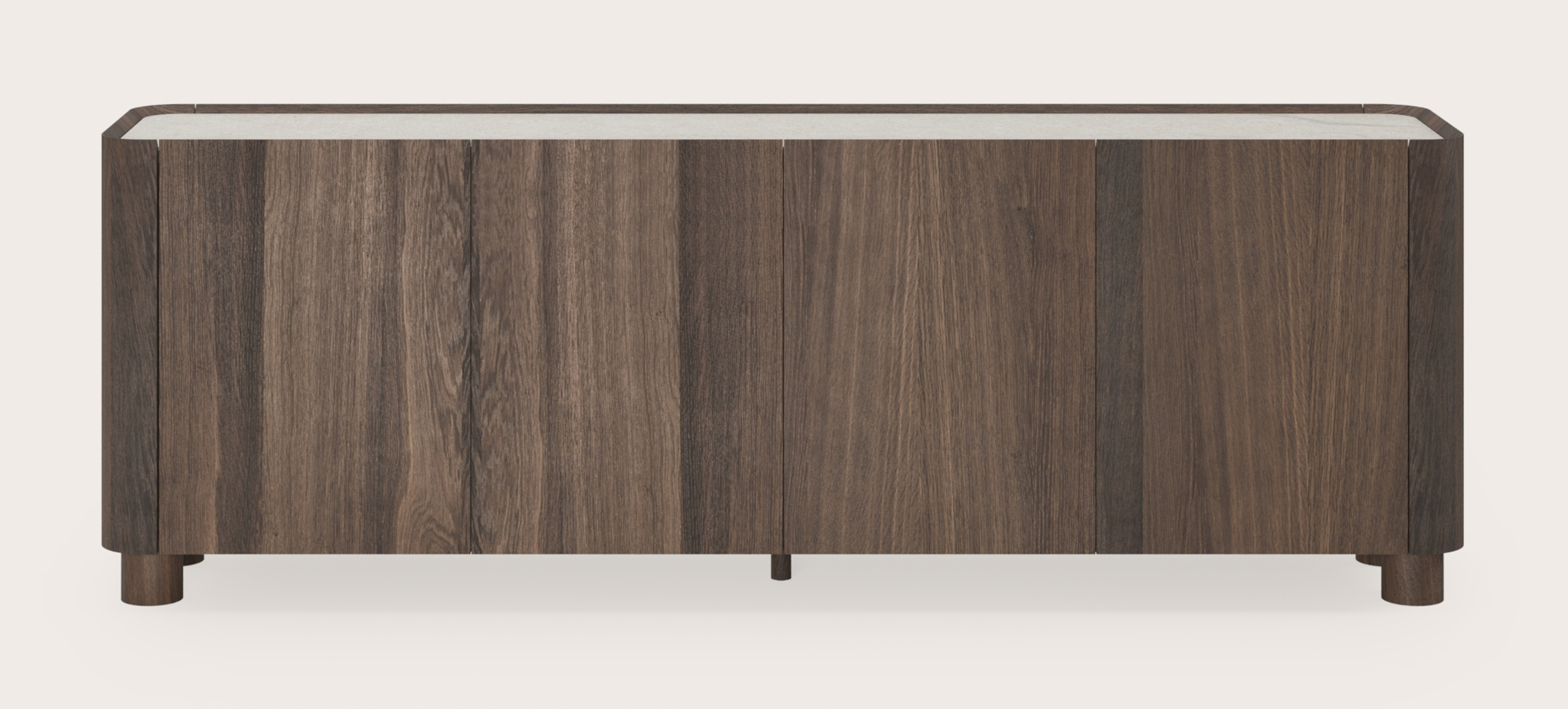 Curvato dressoir in gerookte eik met ronde houten poten met volkeramisch Ceramo blad in kleur Shilin 219 x 45 x 76 cm