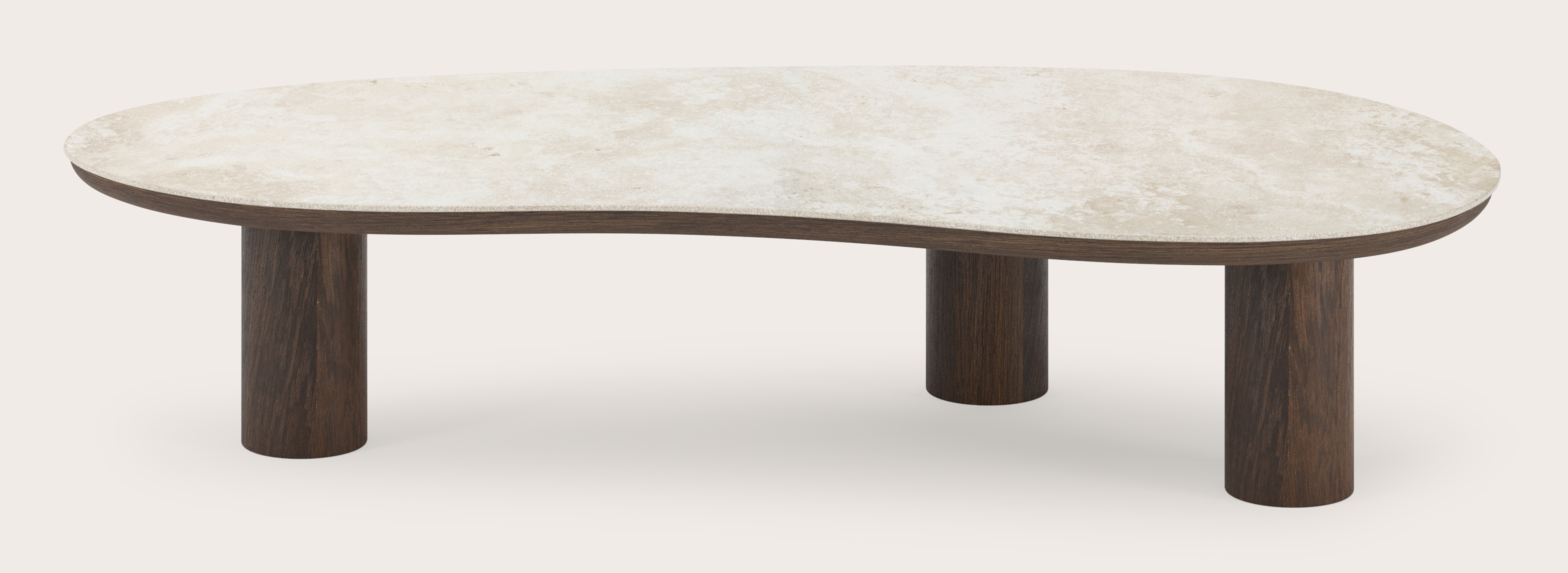 Salontafel Amato Rondo XSmall onderstel in gerookte eik met blobvormig volkeramisch Ceramo blad in kleur Rapolano 135 x 68 x 29 cm