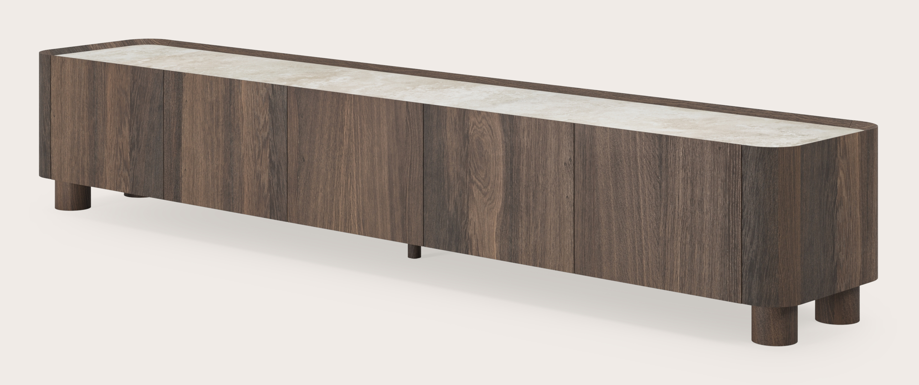 Curvato tv-meubel in gerookte eik met ronde houten poten met volkeramisch Ceramo blad in kleur Rapolano 249 x 45 x 44 cm