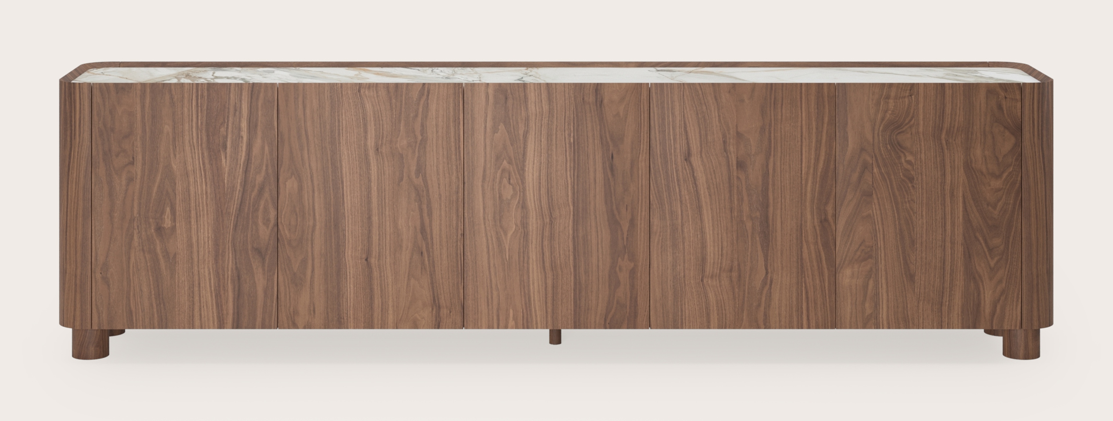 Buffet Curvato en noyer avec pieds ronds en bois avec plateau Ceramo en céramique en couleur Calacatta Luxe 269 x 45 x 76 cm