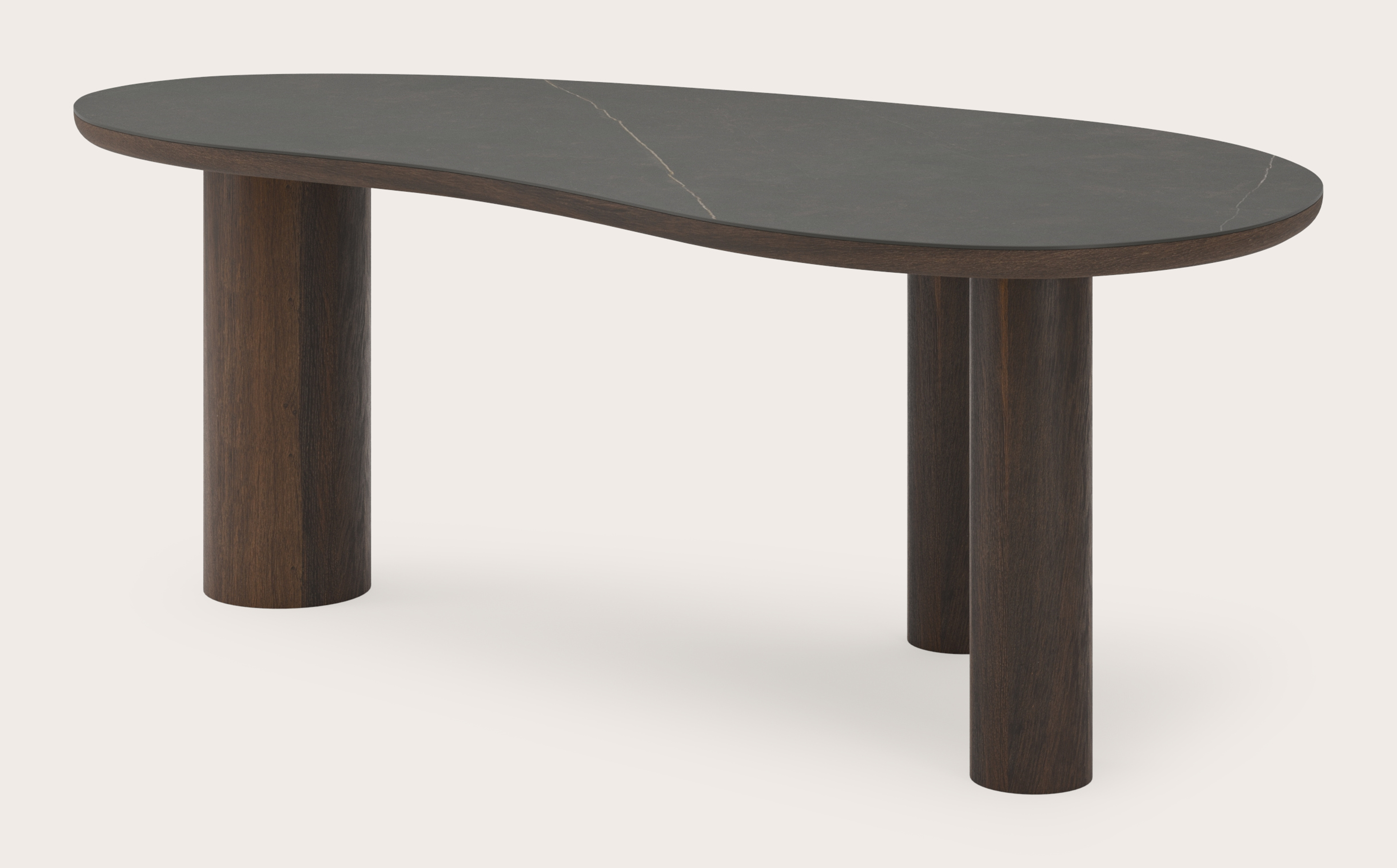 Eettafel Amato Rondo onderstel in gerookte eik met Blobvormig volkeramisch Ceramo blad in kleur Calatorao 220 x 112 x 77 cm
