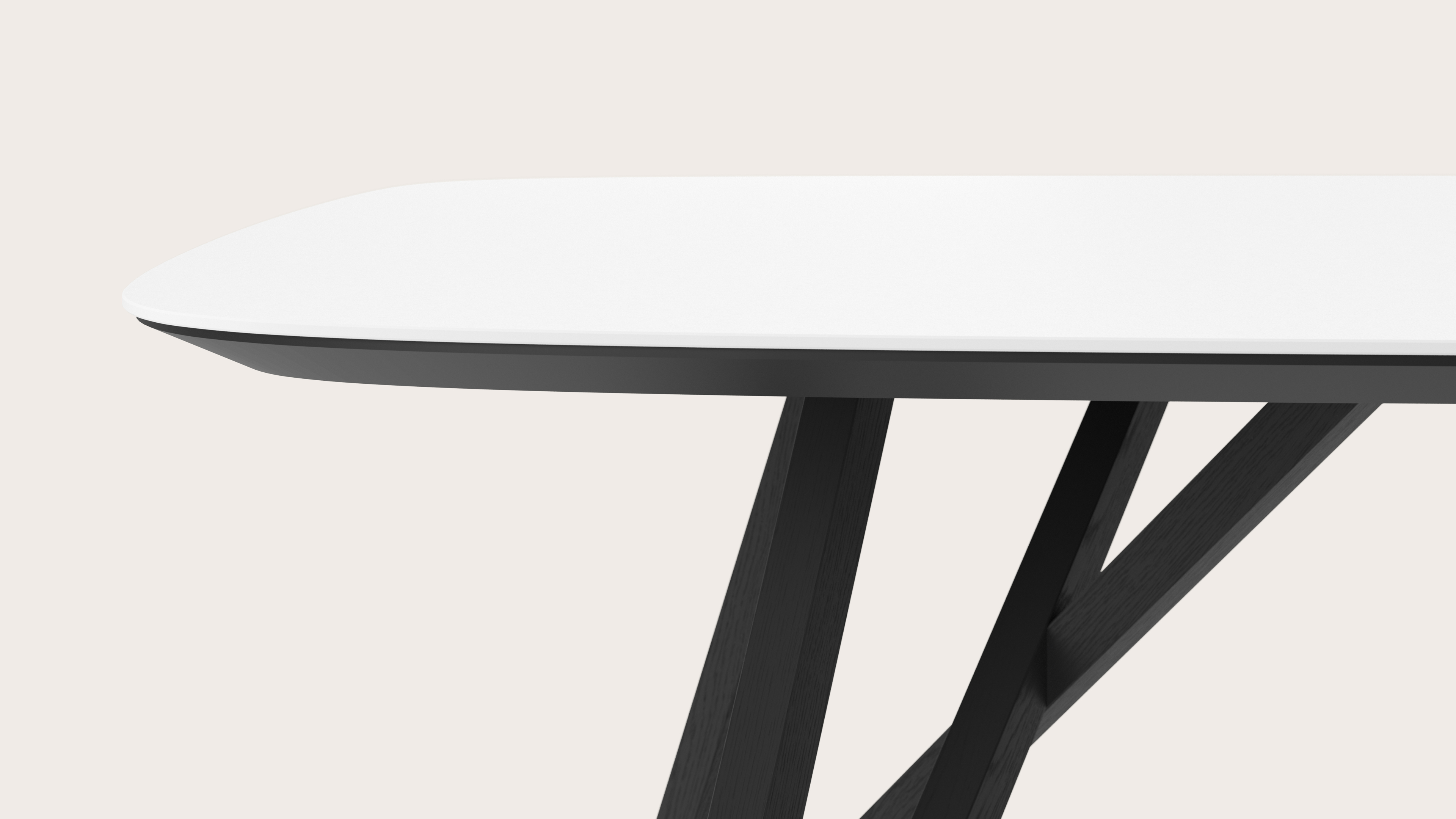 Eettafel Ragno onderstel in zwarte eik met bootvormig volkeramisch Ceramo blad in kleur Arctic White 260 x 110 x 77 cm