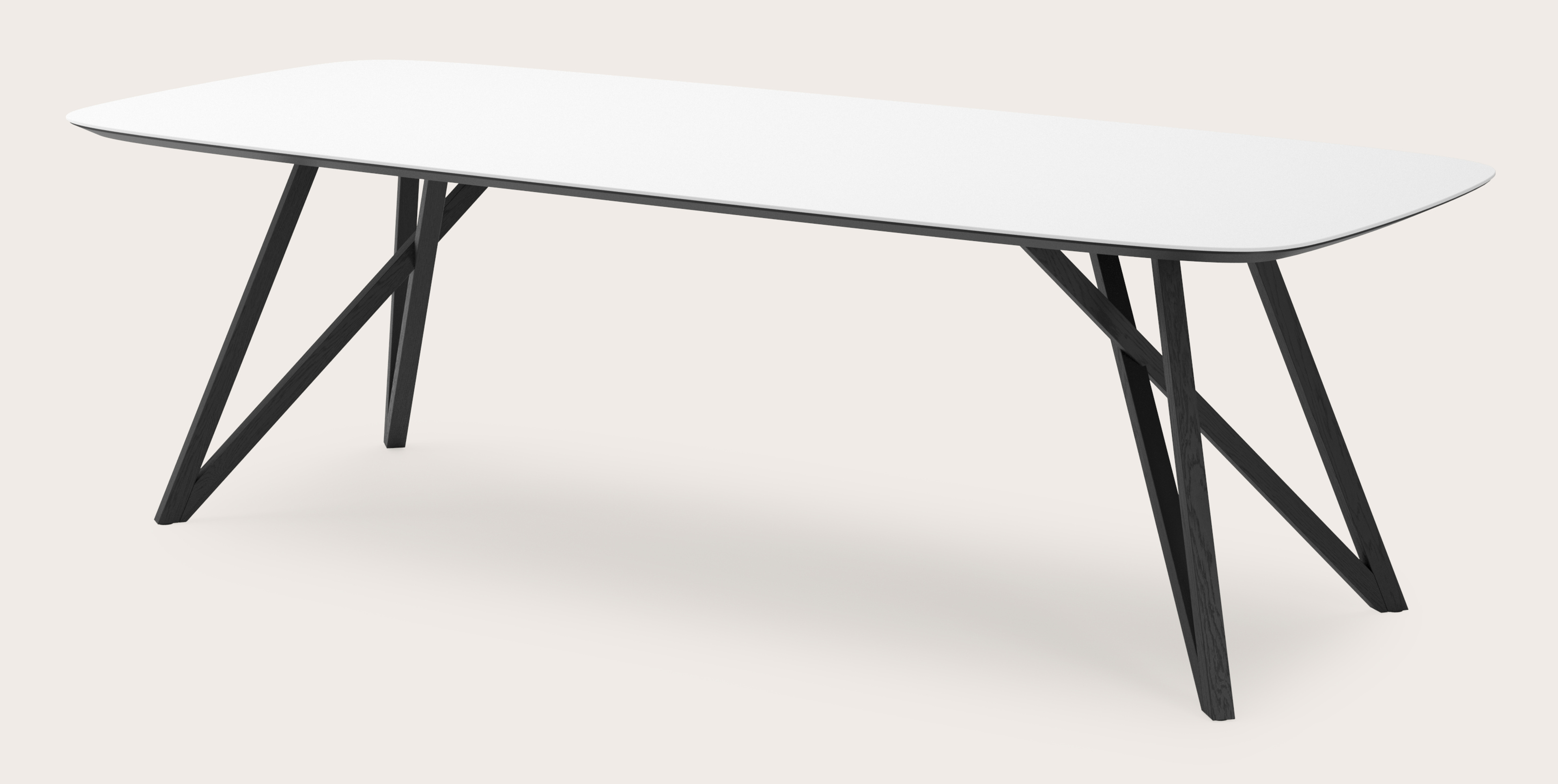 Eettafel Ragno onderstel in zwarte eik met bootvormig volkeramisch Ceramo blad in kleur Arctic White 260 x 110 x 77 cm