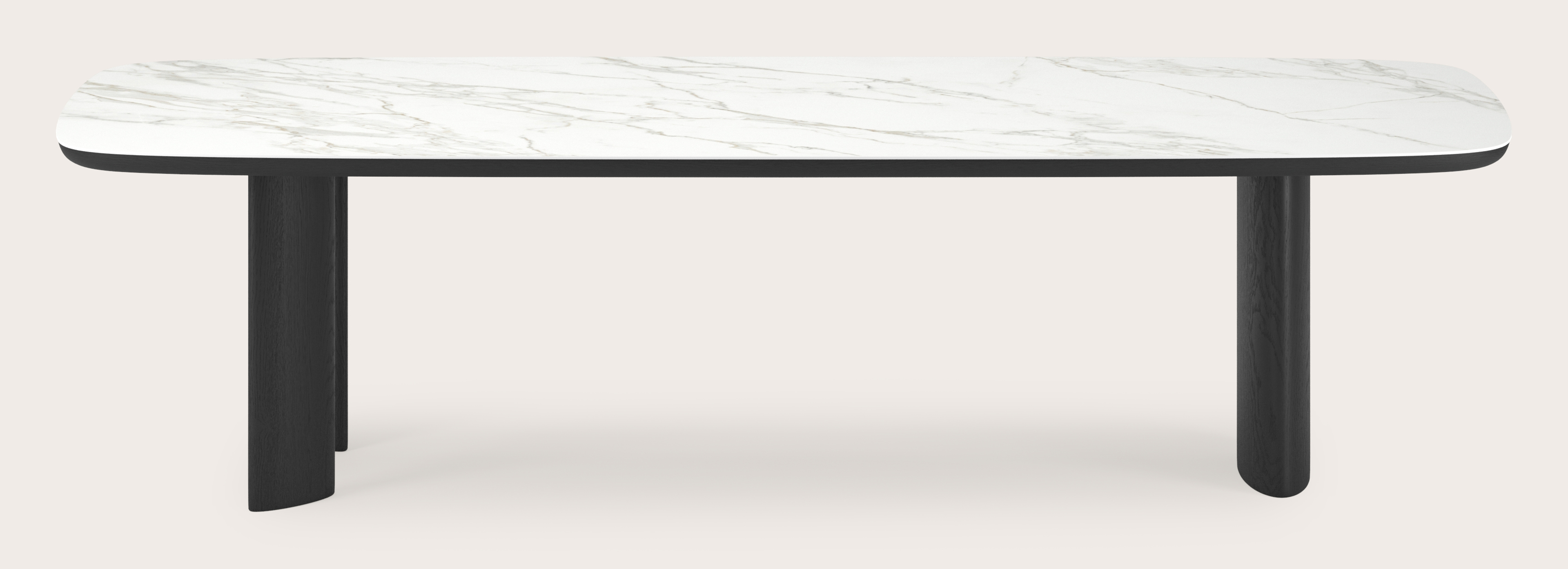 Table de salle à manger Amato Ellipso armature en chêne noir avec plateau Ceramo forme arrondie en céramique en couleur Calacatta 300 x 115 x 76 cm