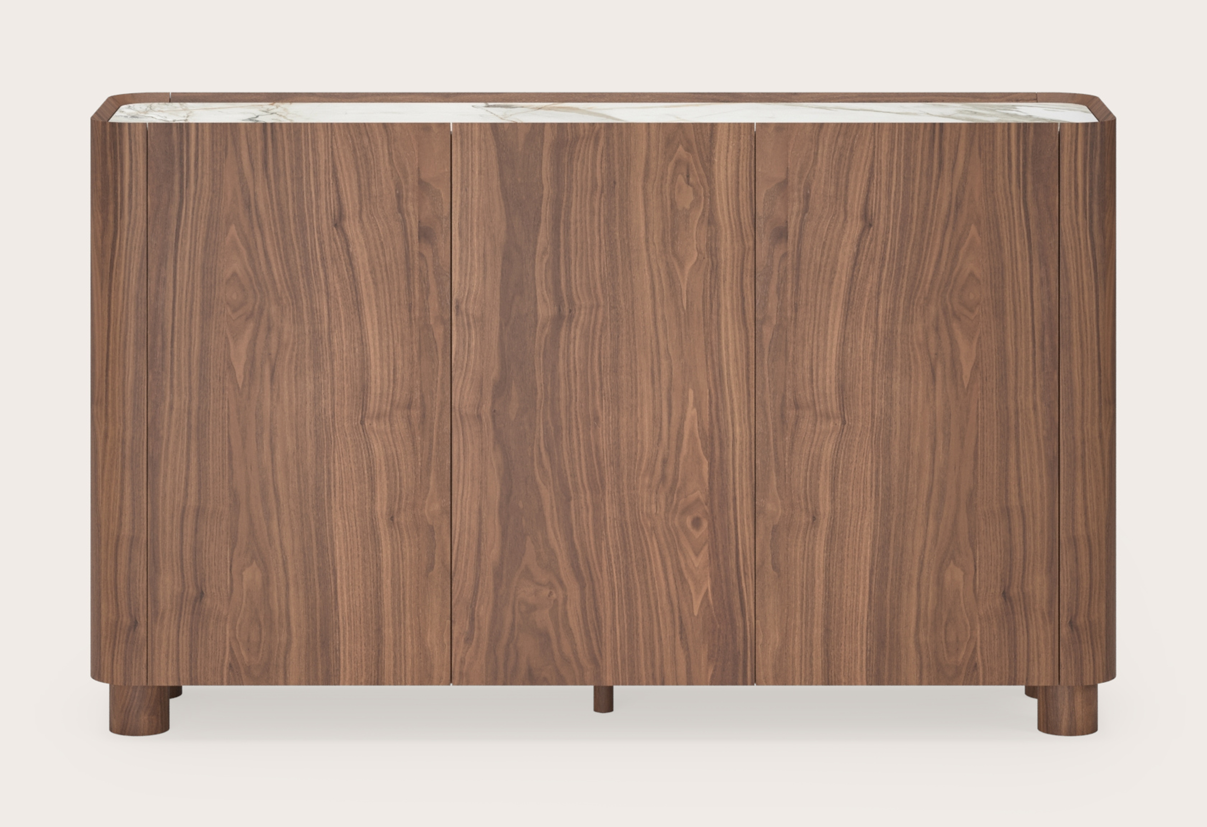 Curvato hoge dressoir in walnoot met ronde houten poten met volkeramisch Ceramo blad in kleur Calacatta Luxe 169 x 45 x 102 cm