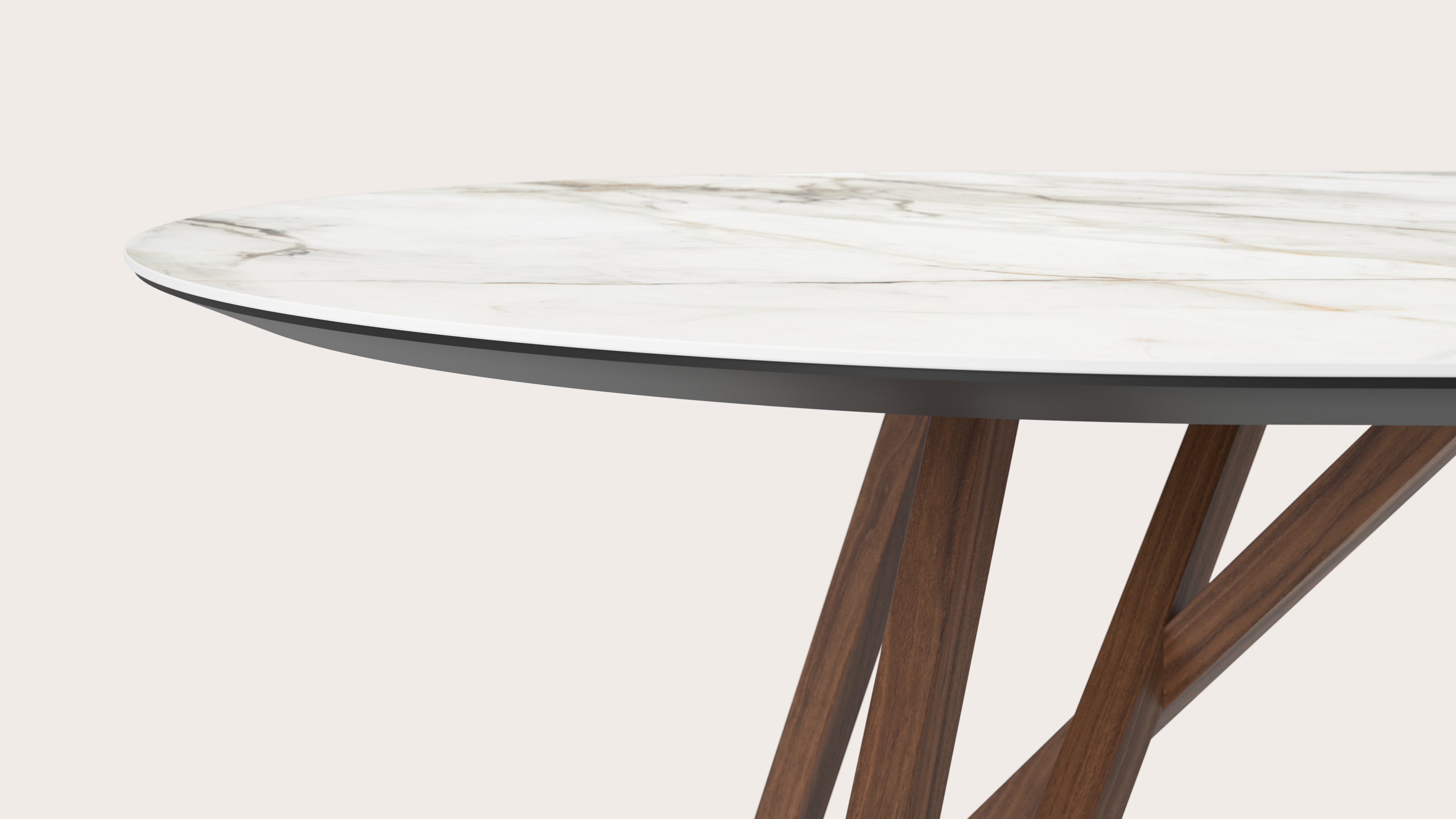 Eettafel Ragno onderstel in walnoot met plat ovaal volkeramisch Ceramo blad in kleur Calacatta Luxe 300 x 120 x 77 cm 