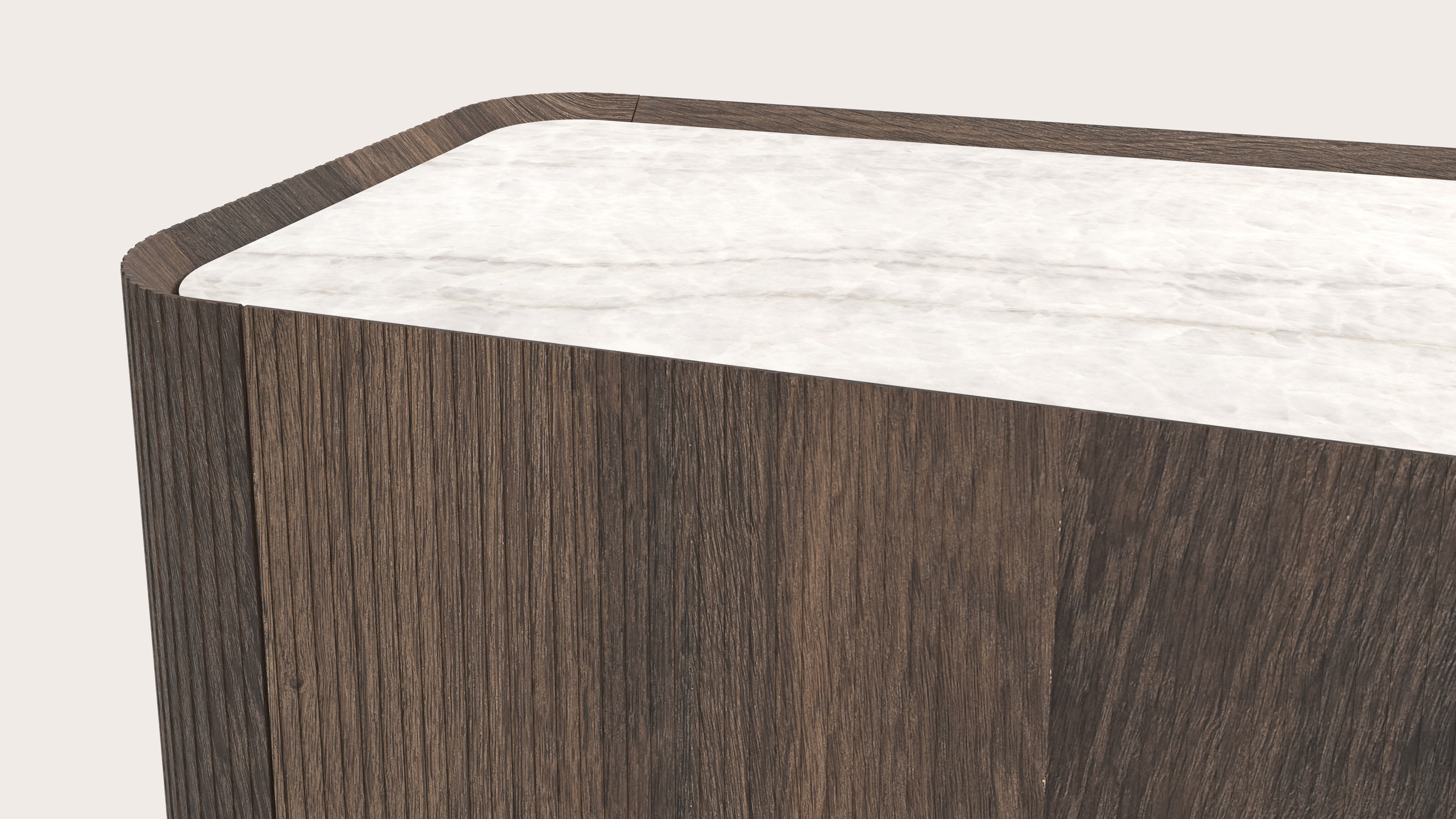 Meuble tv Grivato en chêne fumé avec pieds ronds avec plateau Ceramo rond en céramique en couleur Taj Mahal 249 x 45 cm