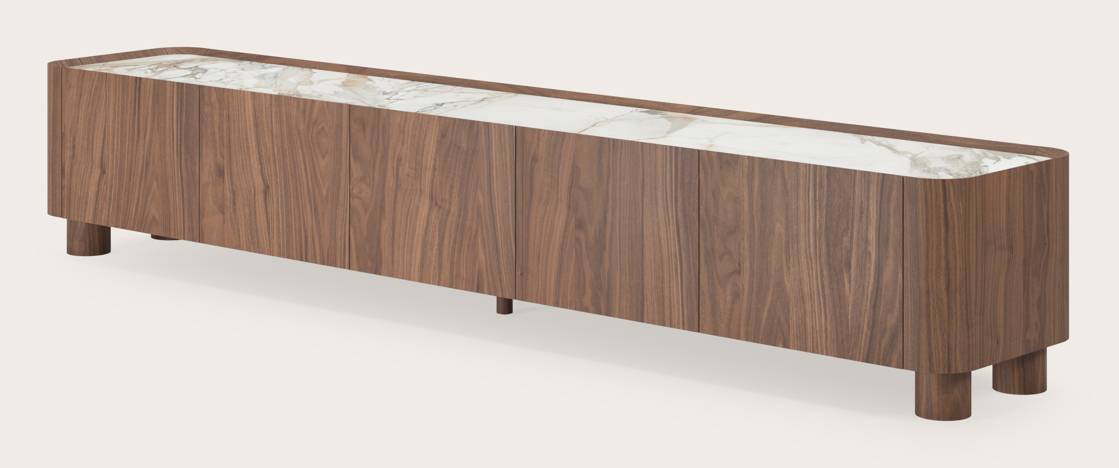 Meuble tv Curvato en noyer avec pieds ronds en bois avec plateau Ceramo en céramique en couleur Calacatta Luxe 249 x 45 x 44 cm
