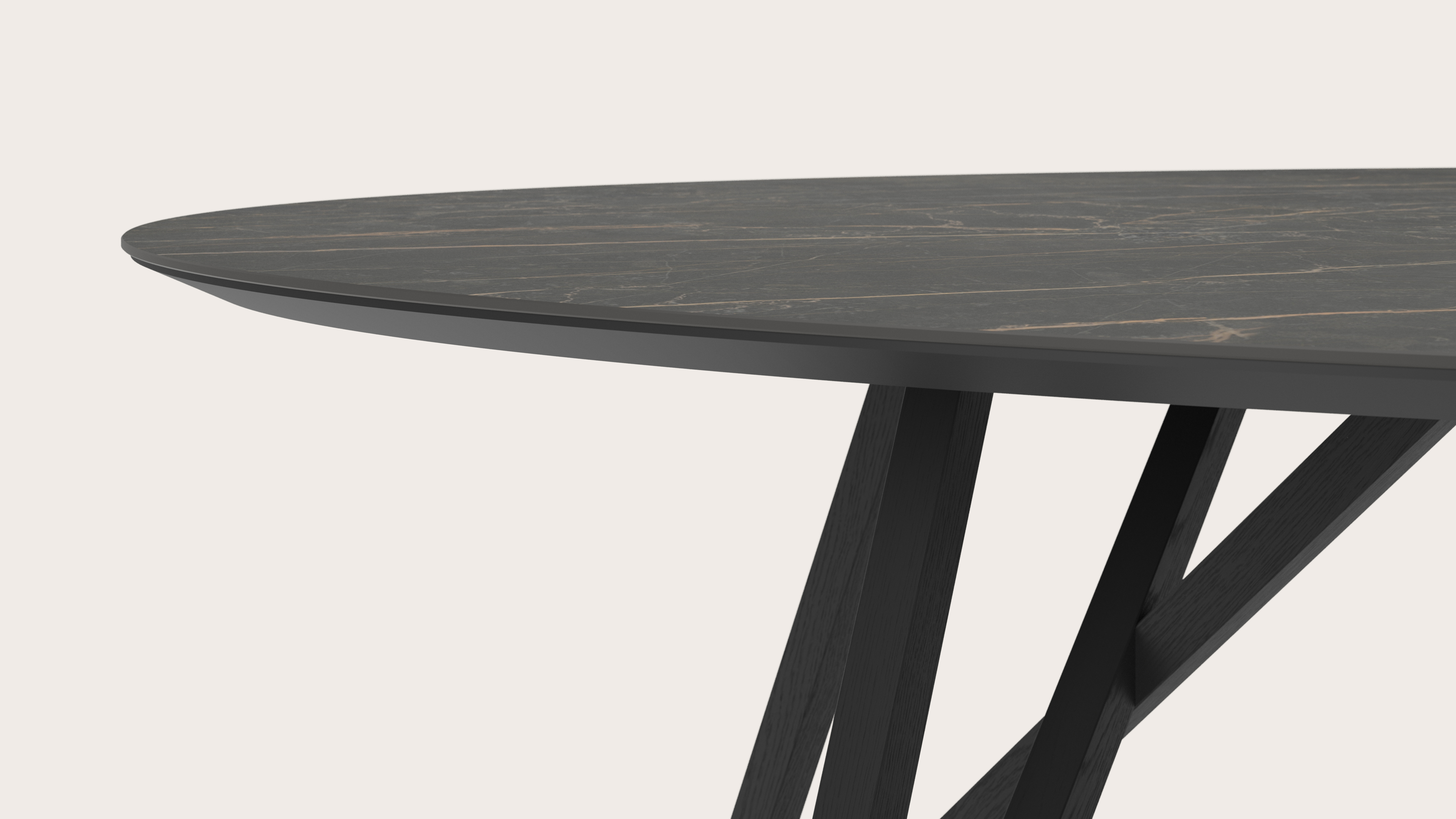 Eettafel Ragno onderstel in zwarte eik met ovaal volkeramisch Ceramo blad in kleur Black Obsession 300 x 140 x 77 cm