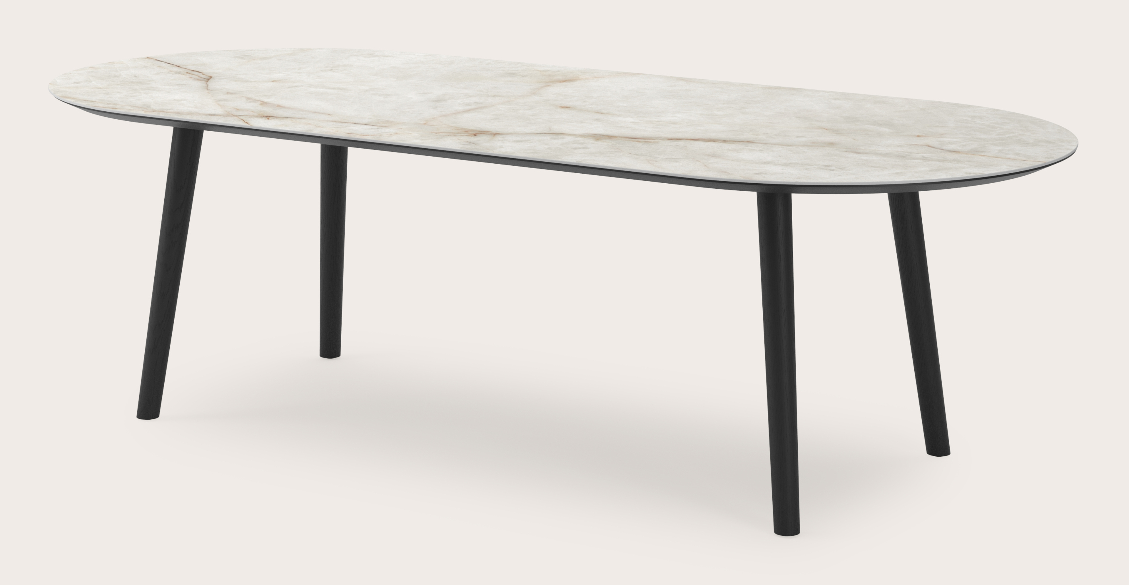 Table de salle à manger Conico armature en chêne noir avec plateau Ceramo ovale plat en céramique en couleur Himalaya 260 x 115 x 77 cm