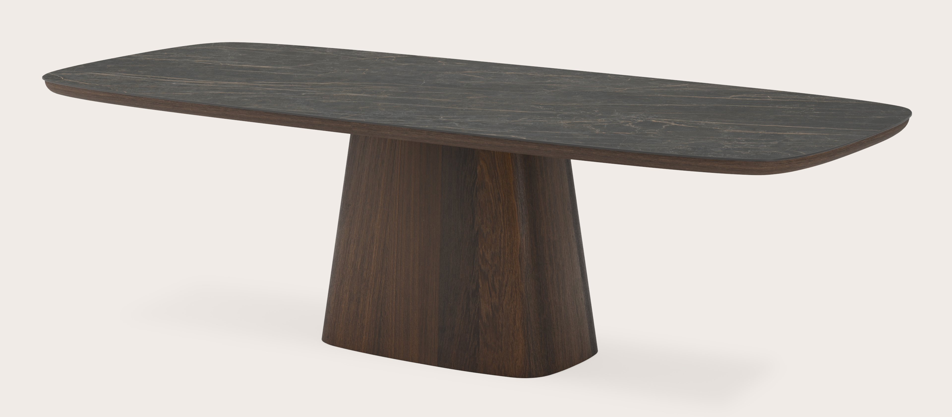 Eettafel Amato Cuadro onderstel in chêne fumé avec plateau Ceramo forme arrondie en céramique en couleur Black Obsession 260 x 110 x 77 cm