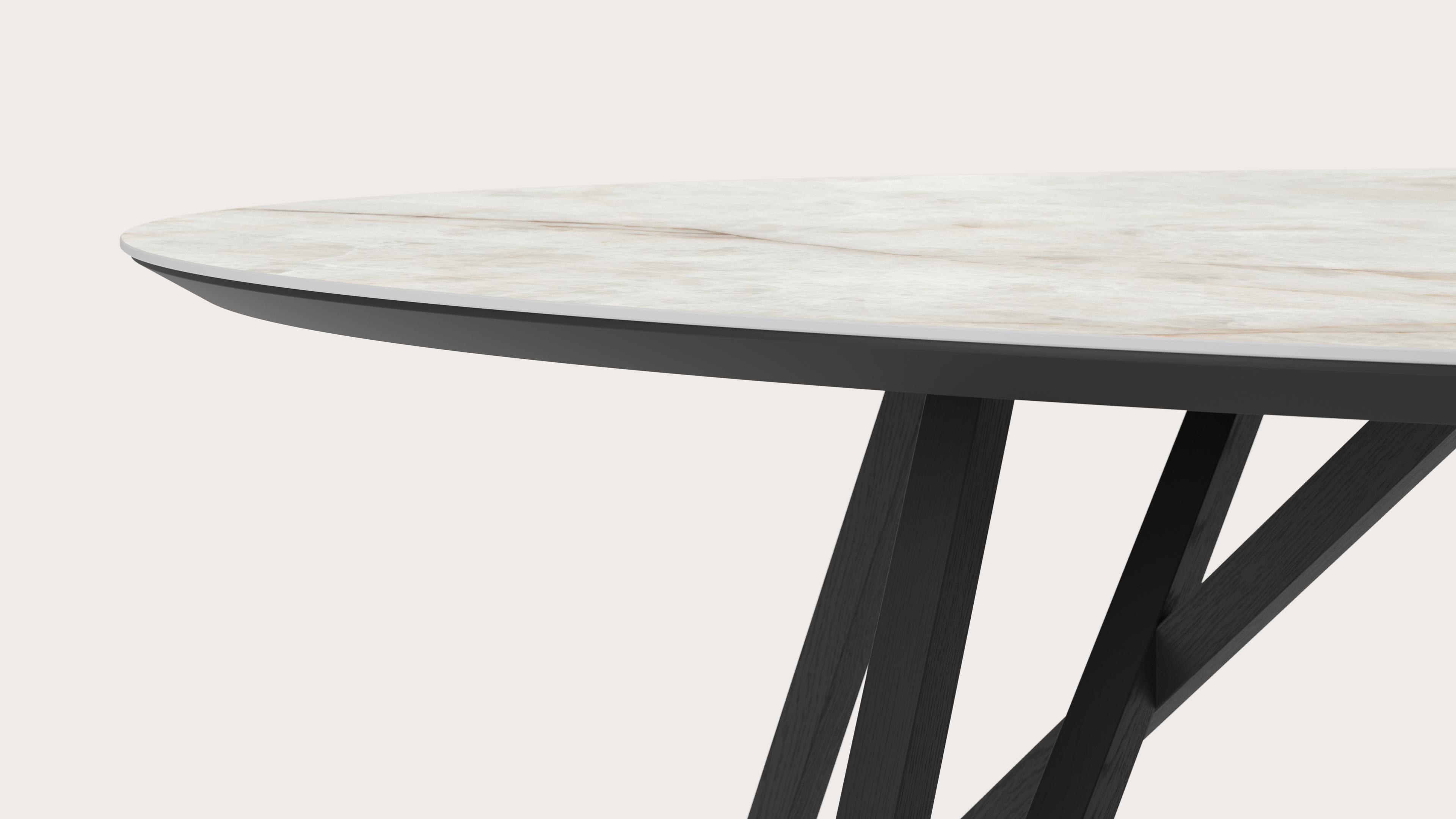 Eettafel Ragno onderstel in zwarte eik met ovaal volkeramisch Ceramo blad in kleur Himalaya 260 x 130 x 77 cm