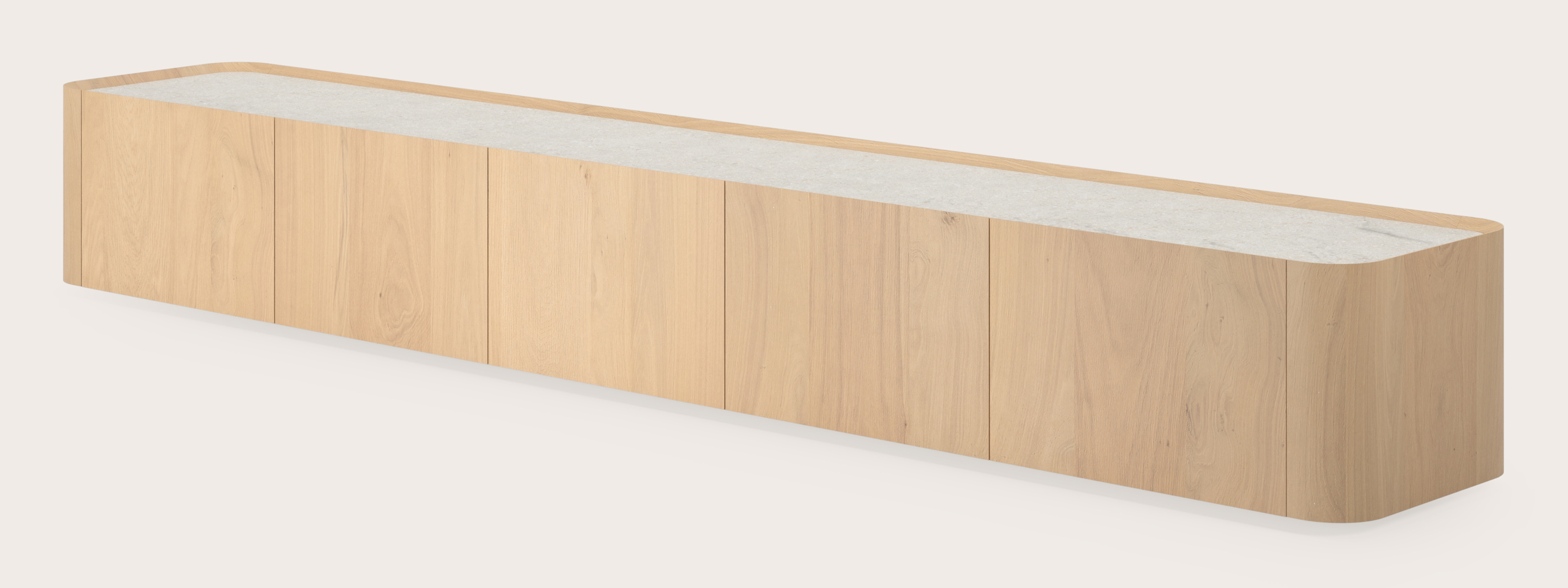 Meuble tv Curvato en chêne couleur naturelle avec plateau Ceramo en céramique en couleur Shilin 269 x 45 x 34 cm