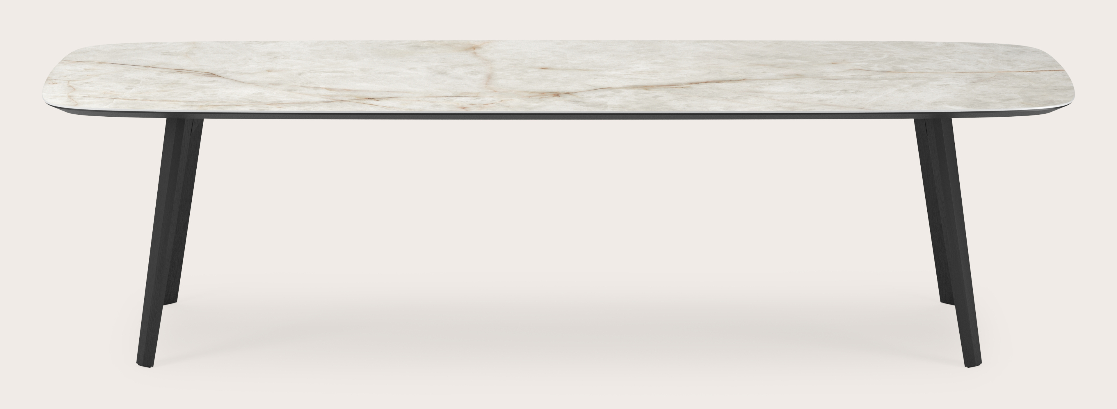 Table de salle à manger Clino armature en chêne noir avec plateau Ceramo forme arrondi en céramique en couleur Himalaya 300 x 115 x 77 cm
