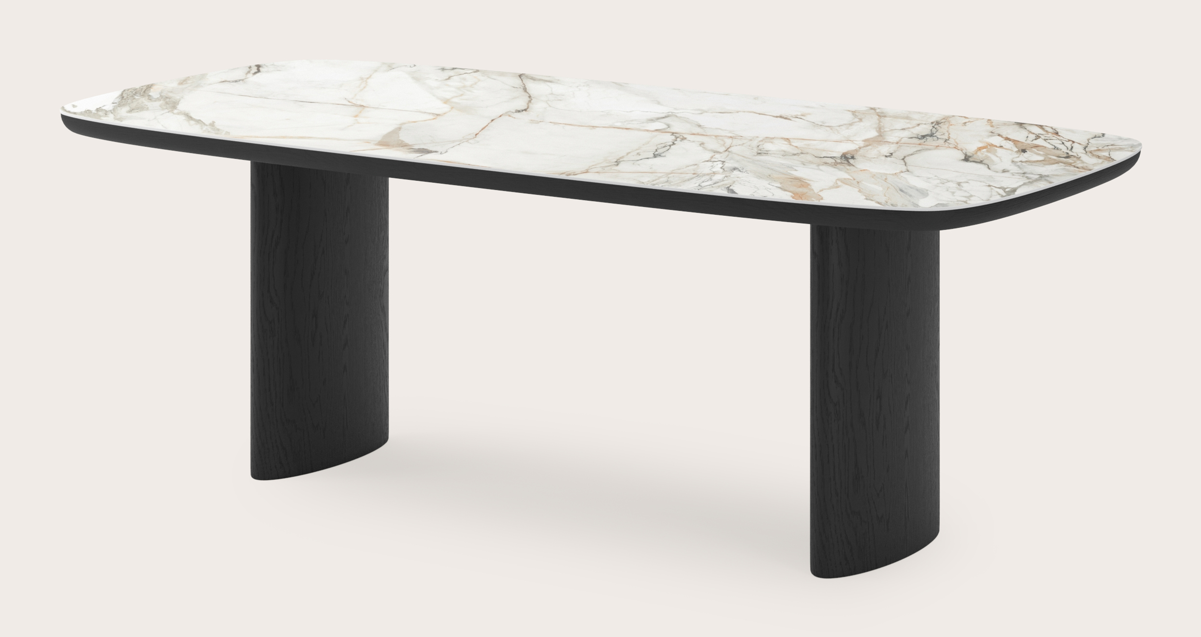 Eettafel Amato Ellipso onderstel in zwarte eik met bootvormig volkeramisch Ceramo blad in kleur Calacatta Luxe 220 x 105 x 76 cm