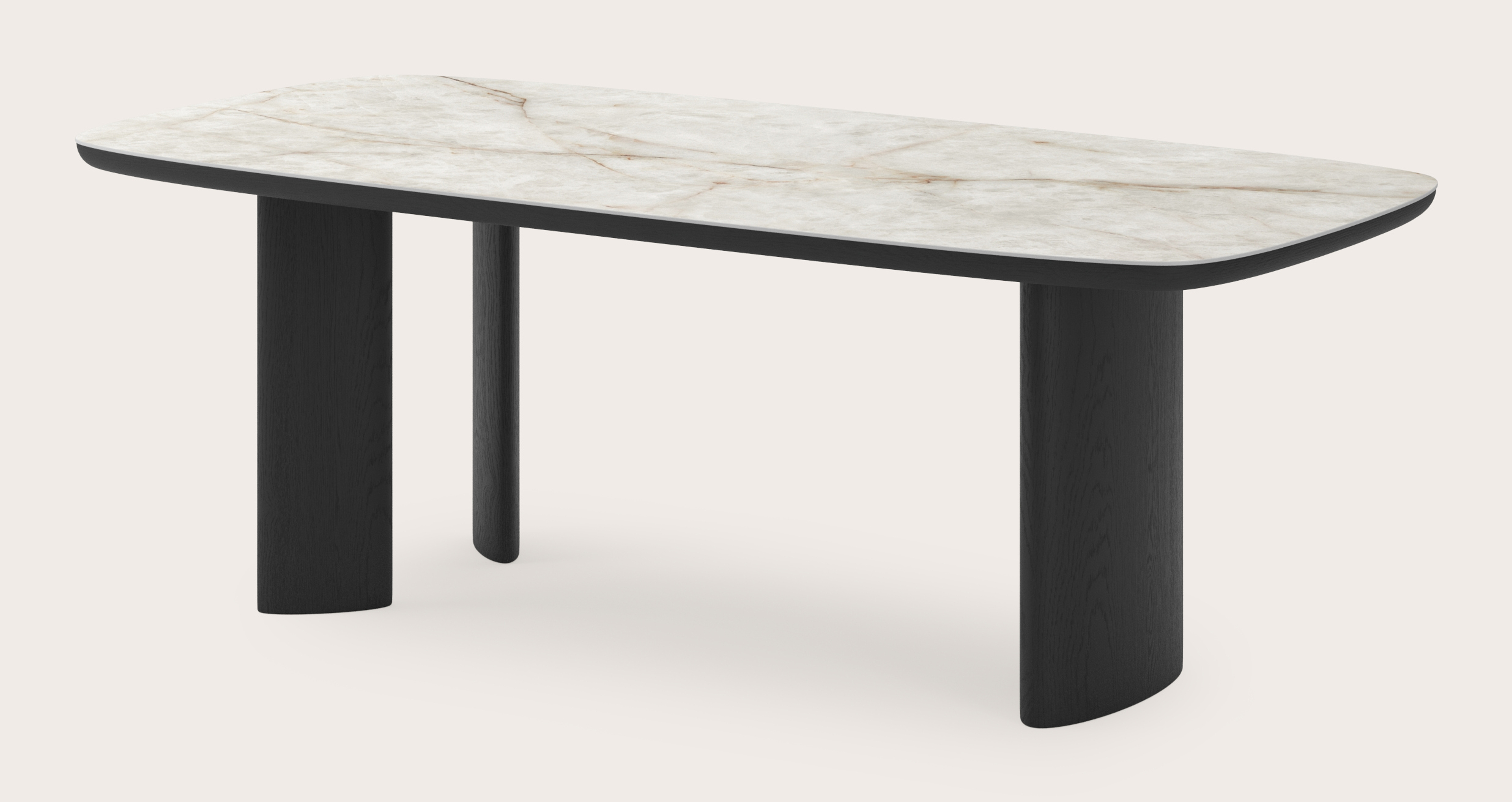 Eettafel Amato Ellipso onderstel in zwarte eik met bootvormig volkeramisch Ceramo blad in kleur Himalaya 220 x 105 x 76 cm