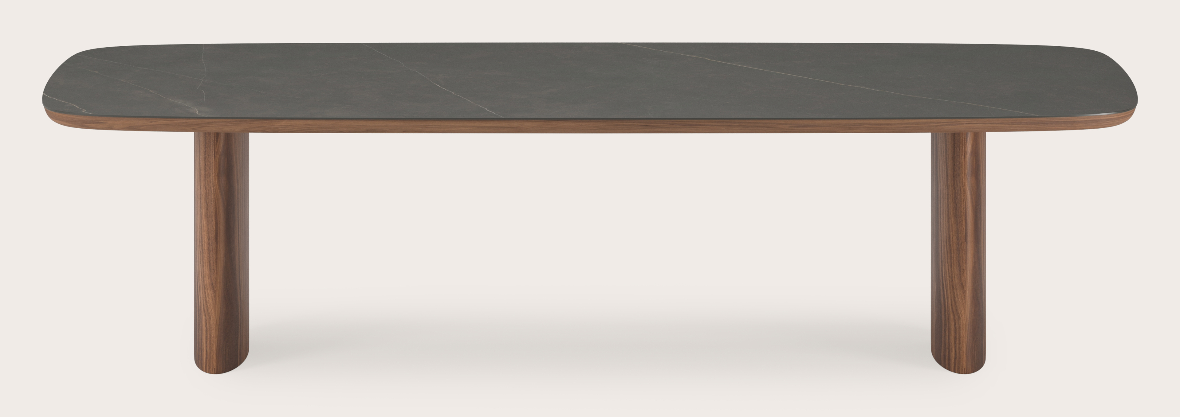 Eettafel Amato Ellipso onderstel in walnoot met bootvormig volkeramisch Ceramo blad in kleur Calatorao 300 x 115 x 76 cm