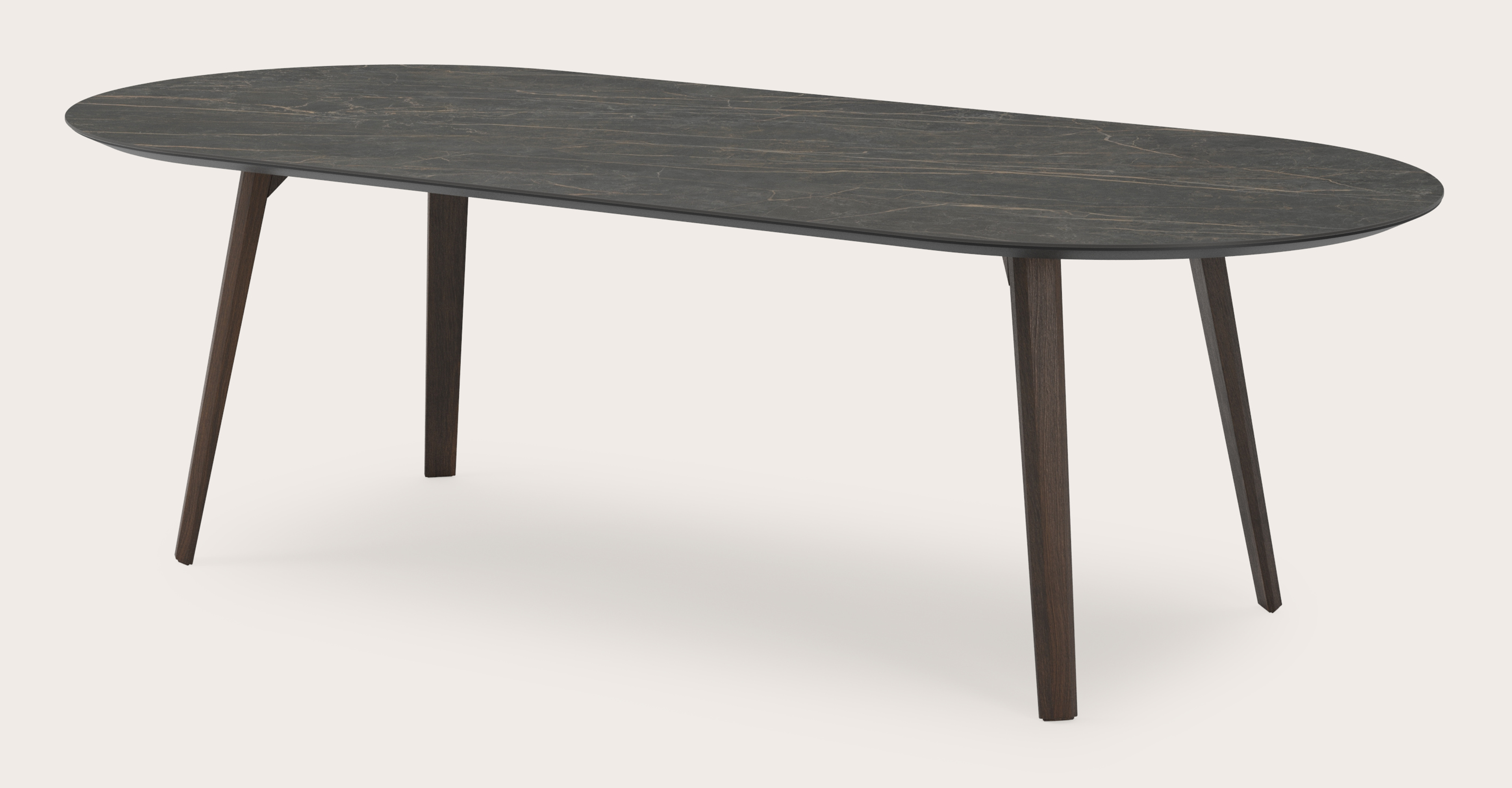Eettafel Clino onderstel in gerookte eik met plat ovaal volkeramisch Ceramo blad in kleur Black Obsession 260 x 115 x 77 cm