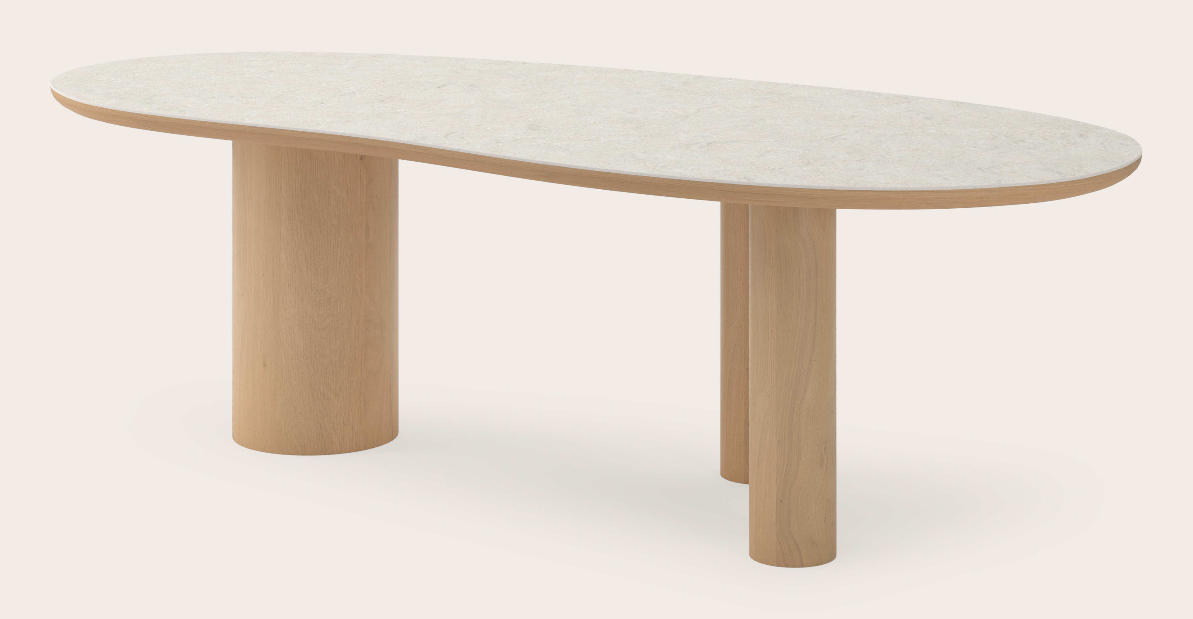 Eettafel Amato Rondo onderstel in natuurkleurige eik met Blobvormig volkeramisch Ceramo blad in kleur Shilin 260 x 117 x 77 cm