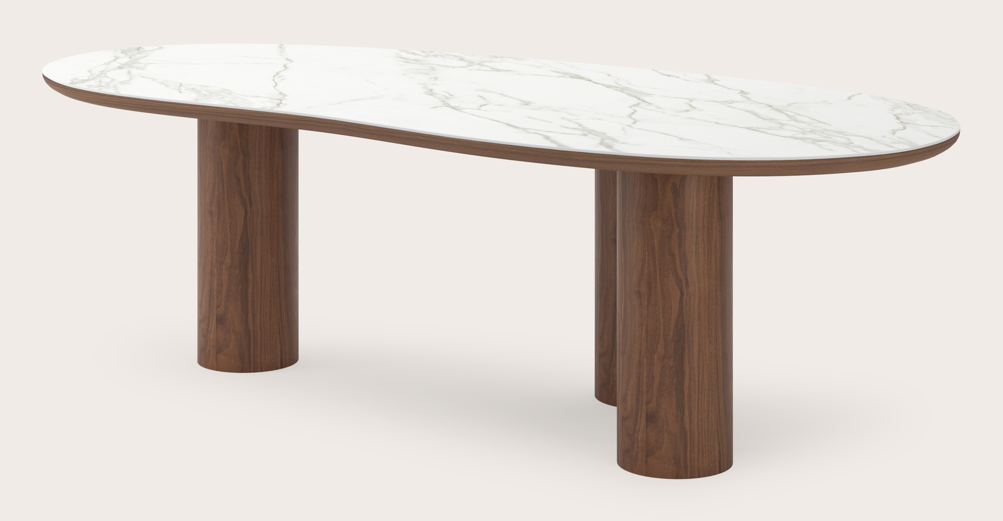 Eettafel Amato Rondo onderstel in walnoot met Blobvormig volkeramisch Ceramo blad in kleur Calacatta 260 x 117 x 77 cm