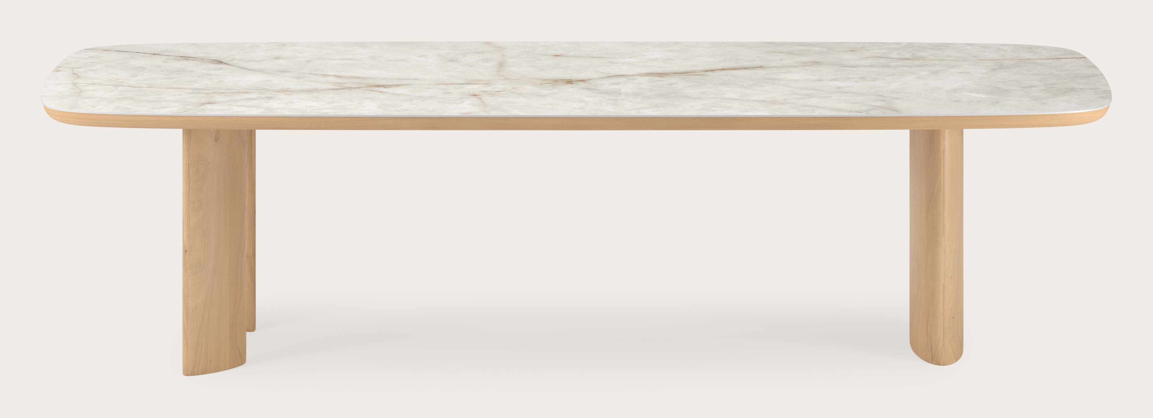 Eettafel Amato Ellipso onderstel in natuurkleurige eik met bootvormig volkeramisch Ceramo blad in kleur Himalaya 300 x 115 x 76 cm