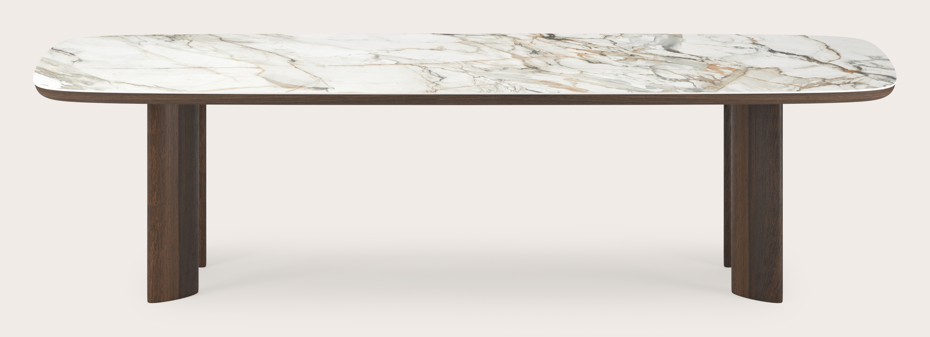 Table de salle à manger Amato Ellipso armature en chêne fumé avec plateau Ceramo forme arrondie en céramique en couleur Calacatta Luxe 300 x 115 x 76 cm