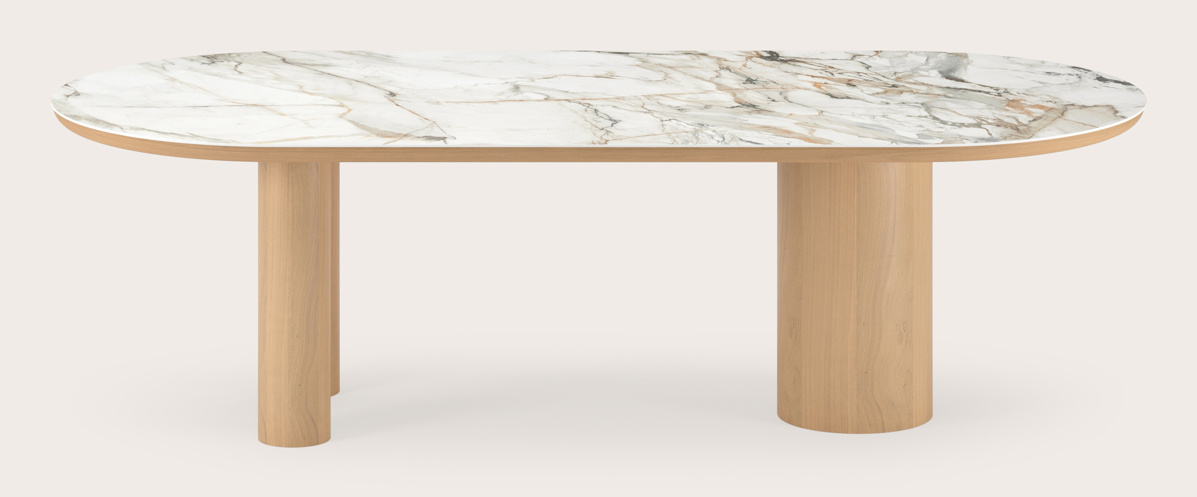 Eettafel Amato Rondo onderstel in natuurkleurige eik met plat ovaal volkeramisch Ceramo blad in kleur Calacatta Luxe 260 x 115 x 76 cm
