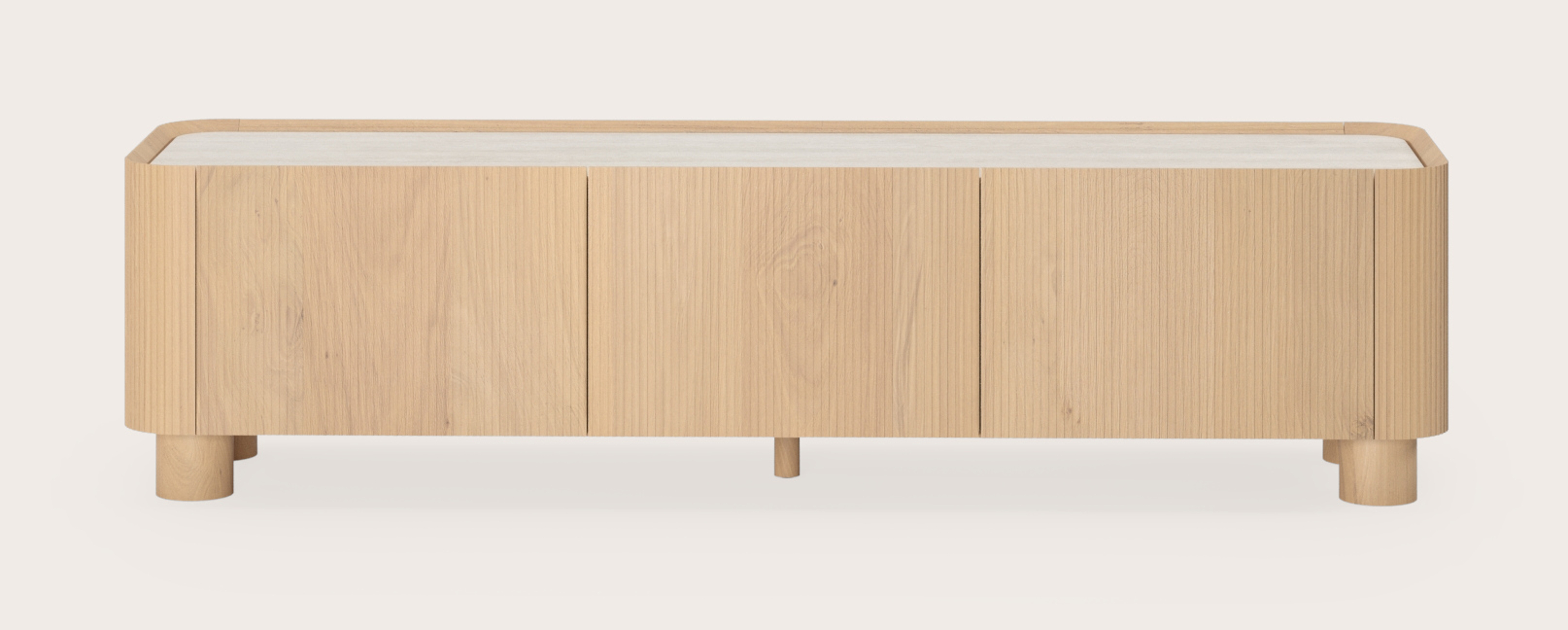 Grivato tv-meubel in natuurkleurige eik met ronde poten met volkeramisch Ceramo blad in kleur Travertino Bianco 169 x 45 cm