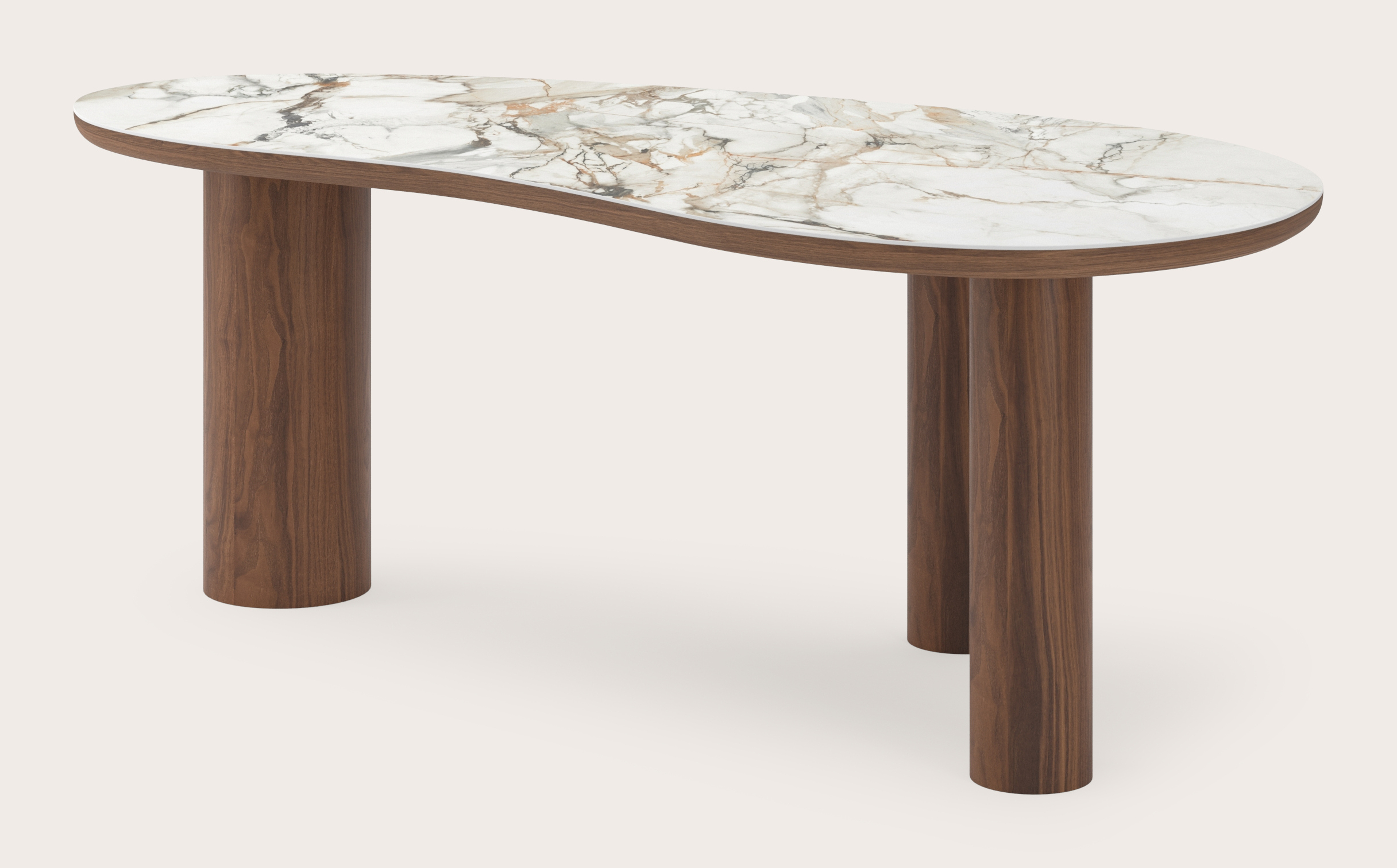 Eettafel Amato Rondo onderstel in walnoot met Blobvormig volkeramisch Ceramo blad in kleur Calacatta Luxe 220 x 112 x 77 cm