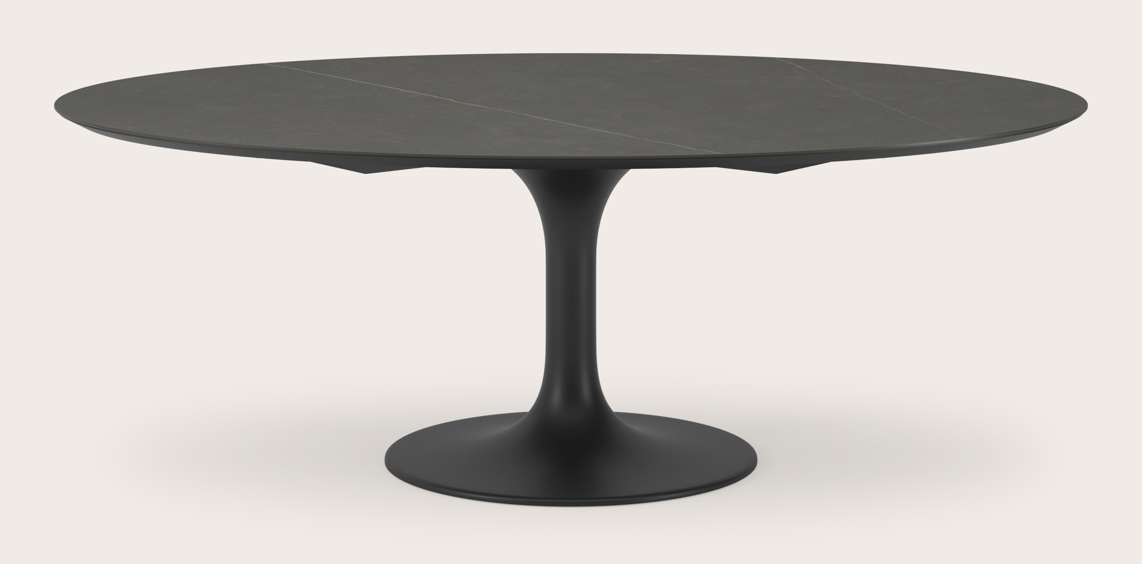 Eettafel Tulipo onderstel in zwart metaal met ovaal volkeramisch Ceramo blad in kleur Calatorao 220 x 120 x 77 cm