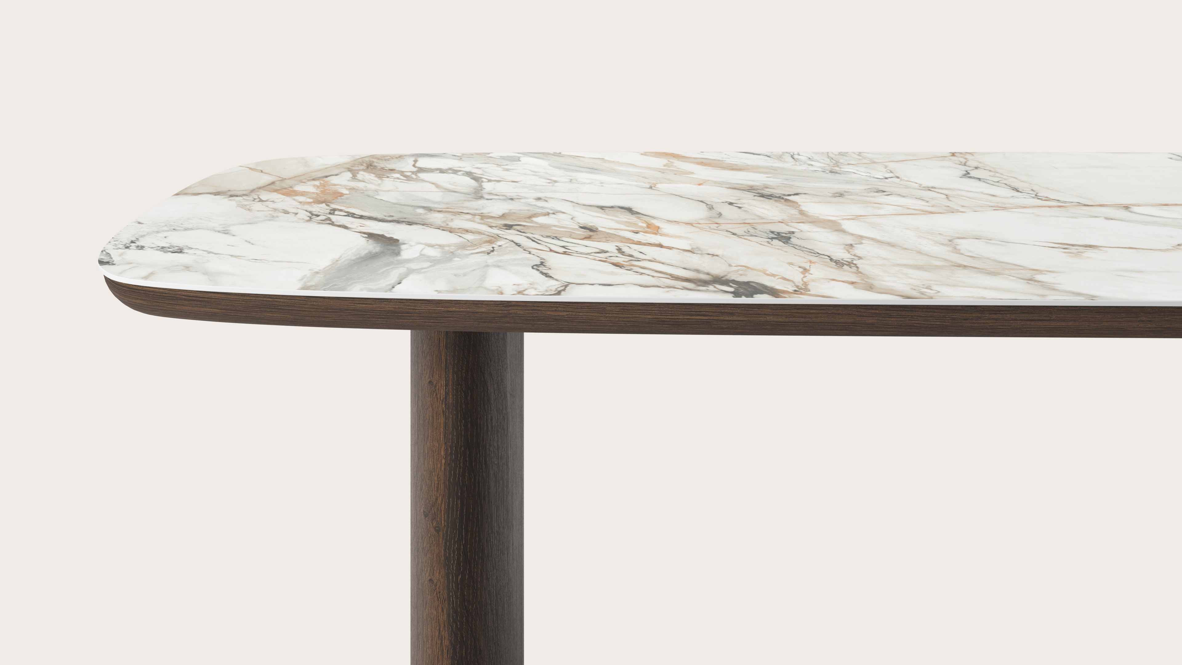 Eettafel Amato Ellipso onderstel in gerookte eik met bootvormig volkeramisch Ceramo blad in kleur Calacatta Luxe 260 x 110 x 76 cm