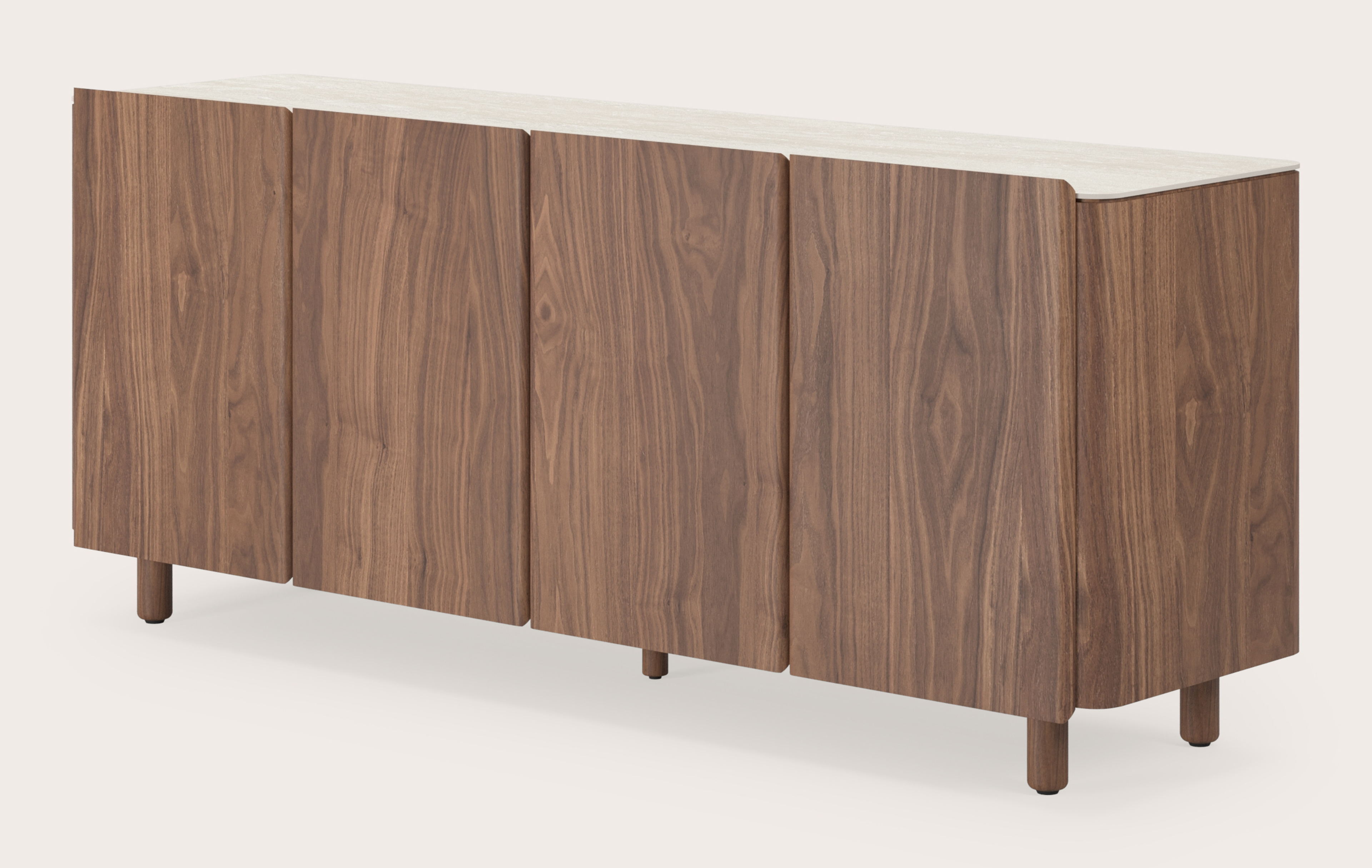 Belloni dressoir in walnoot met bovenblad in Travertin met ronde houten poten 180x47x62cm