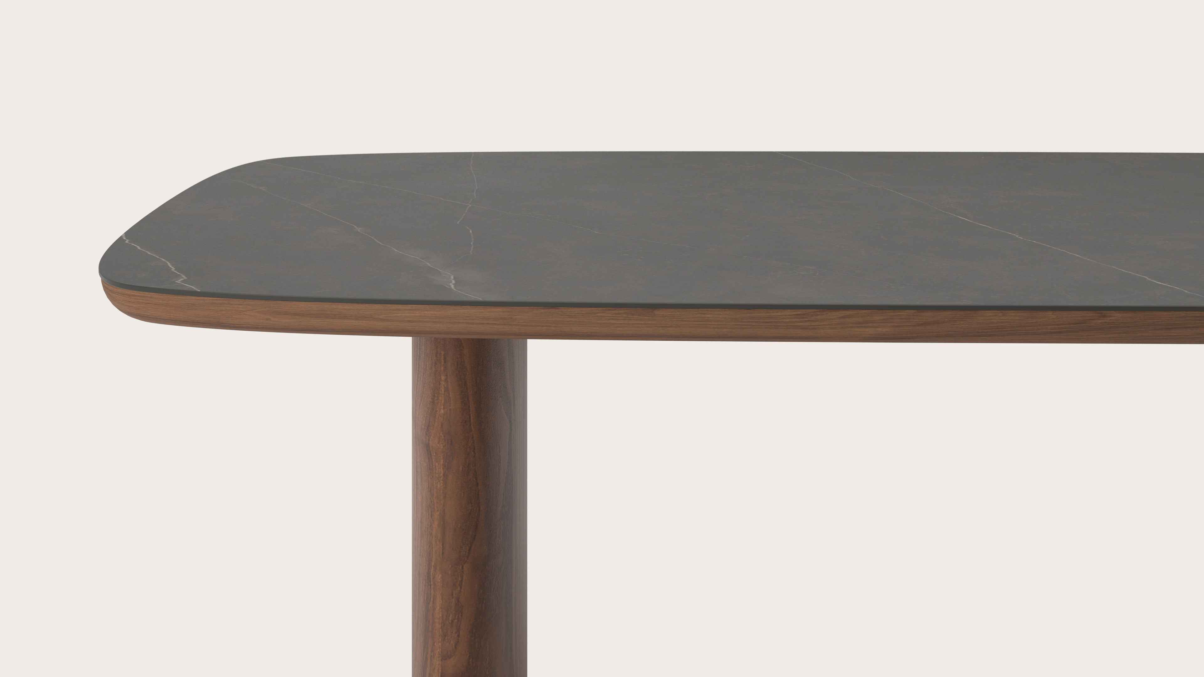 Eettafel Amato Ellipso onderstel in walnoot met bootvormig volkeramisch Ceramo blad in kleur Calatorao 220 x 105 x 76 cm