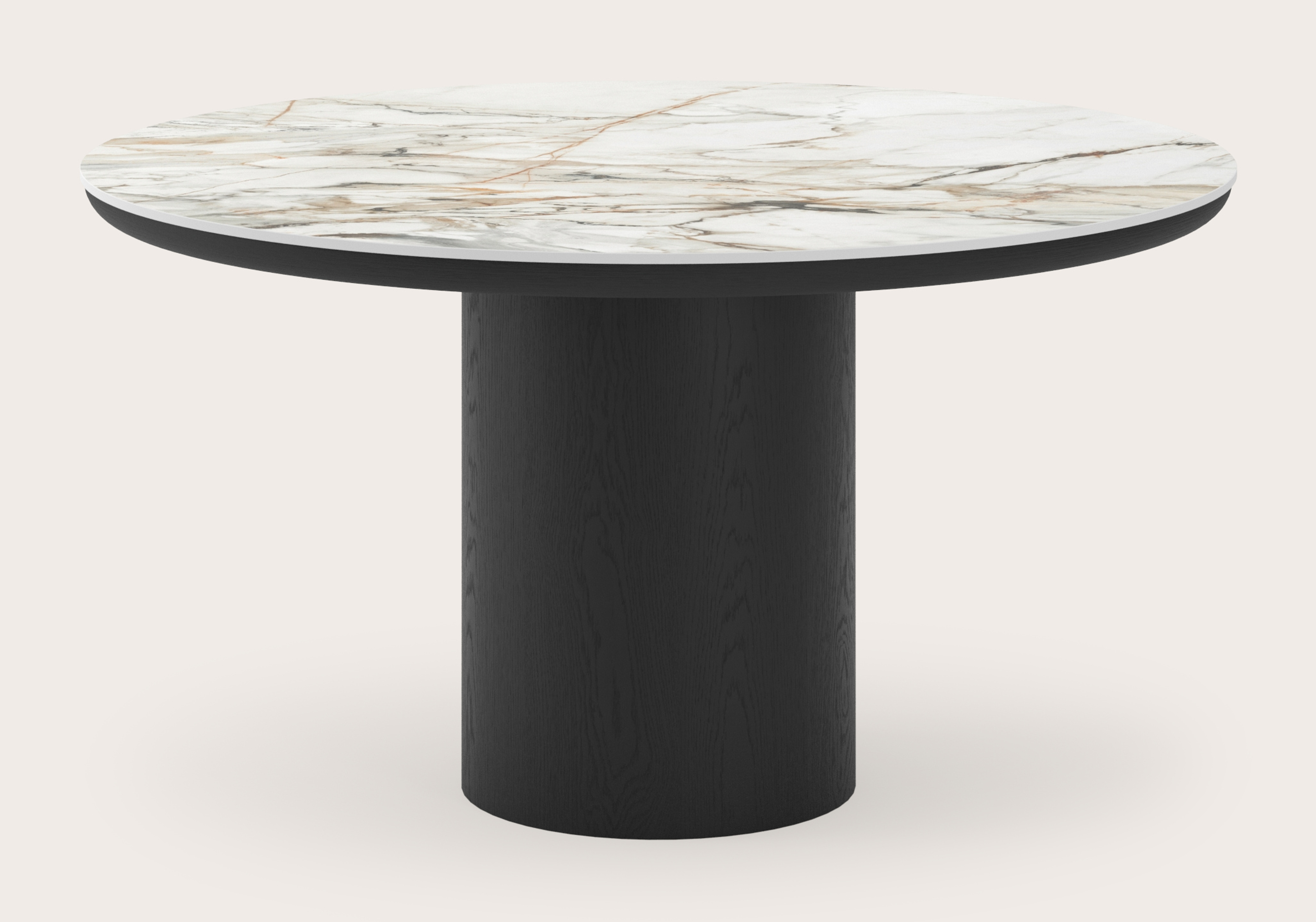 Table de salle à manger Amato Rondo armature en chêne noir avec plateau Ceramo rond en céramique en couleur Calacatta Luxe Ø140 x 76 cm