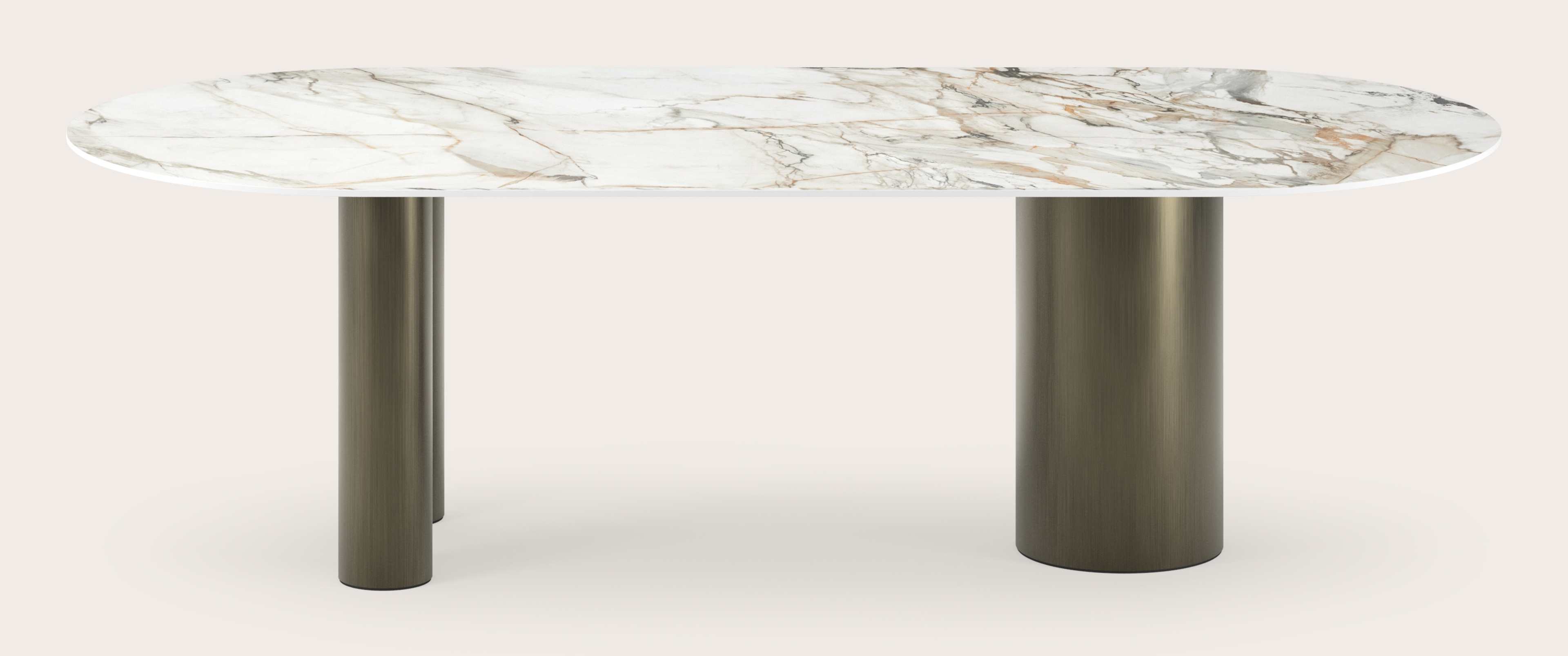 Table à manger Amato Rondo armature en métal bronze avec plateau ovale plat céramique Ceramo Lux en couleur Calacatta Luxe 260x115 cm
