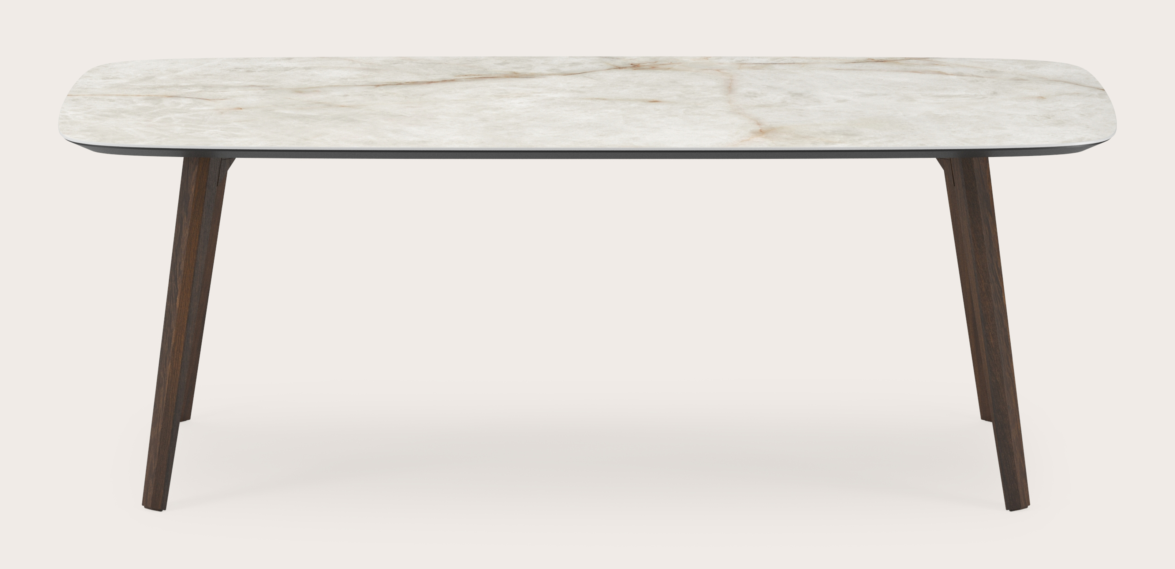 Eettafel Clino onderstel in gerookte eik met bootvormig volkeramisch Ceramo blad in kleur Himalaya 200 x 105 x 77 cm