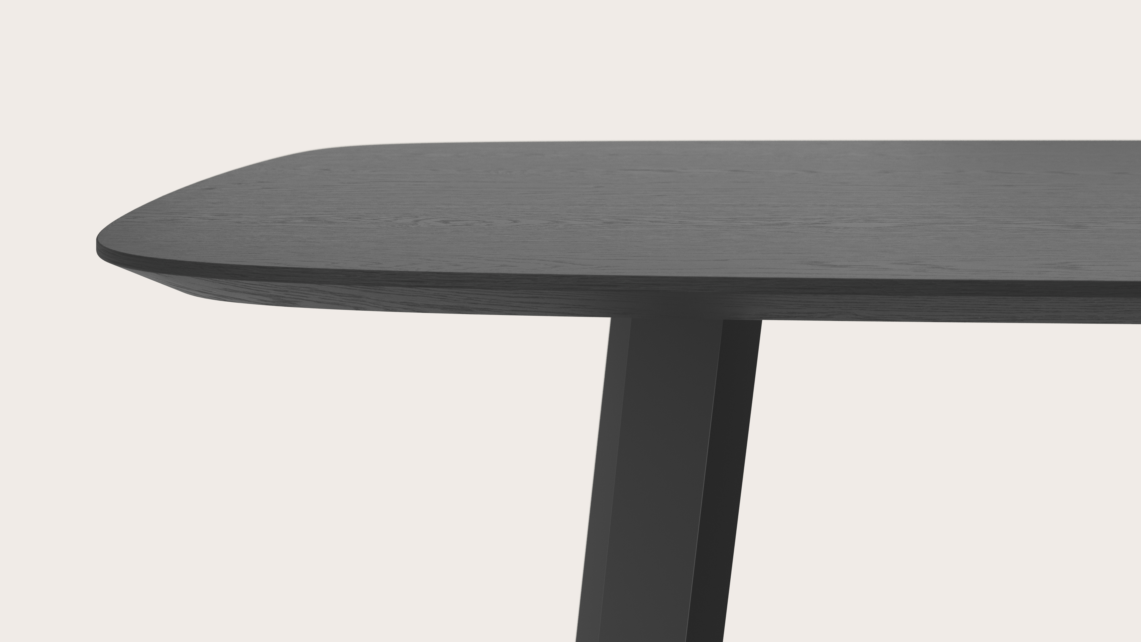 Eettafel Clino onderstel in zwart metaal met bootvormig Finesso blad in zwarte eik 300 x 115 x 77 cm